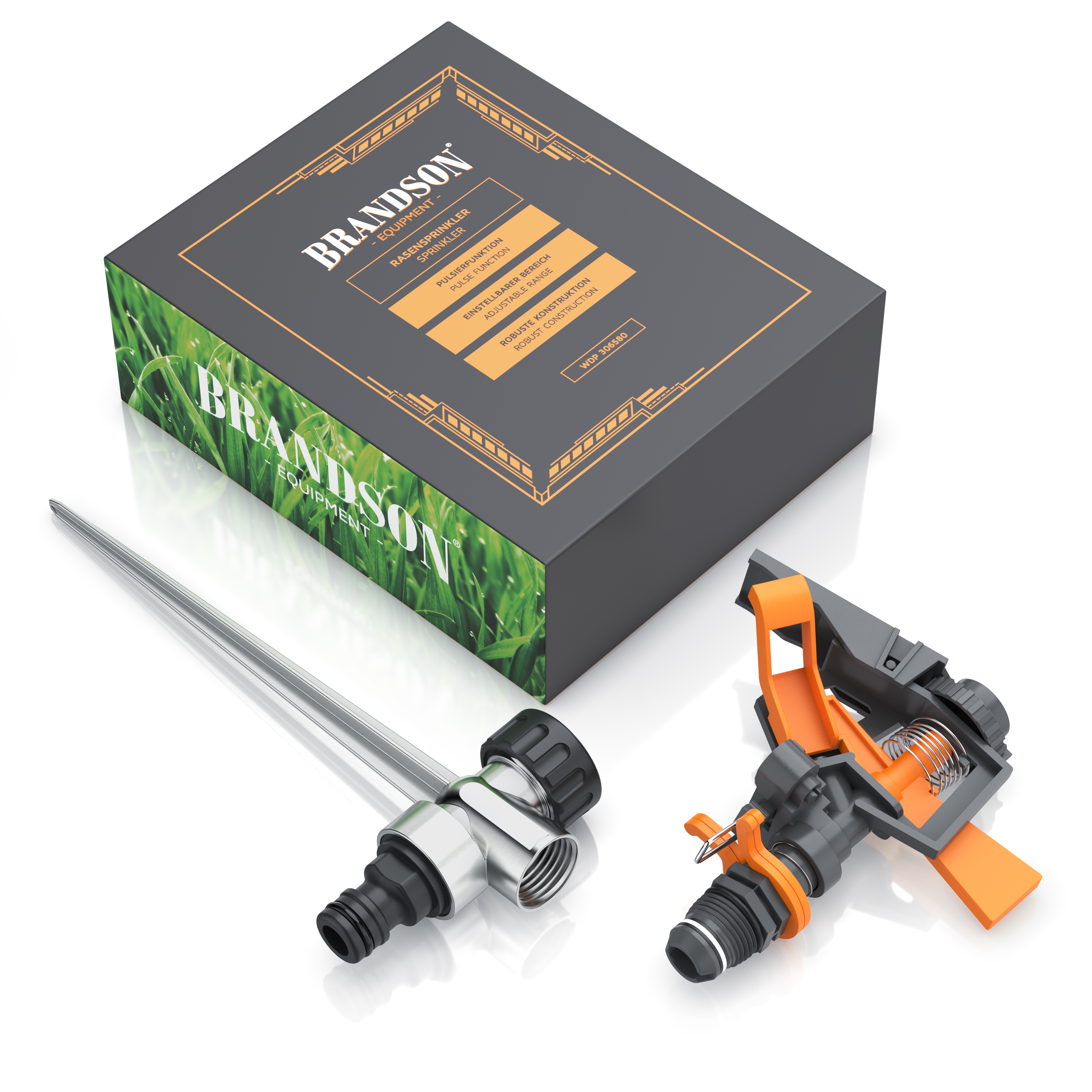 Brandson Rasensprenger mit verstellbarem Sprühkopf und robustem Anschluss, verpackt in einer ansprechenden Box.