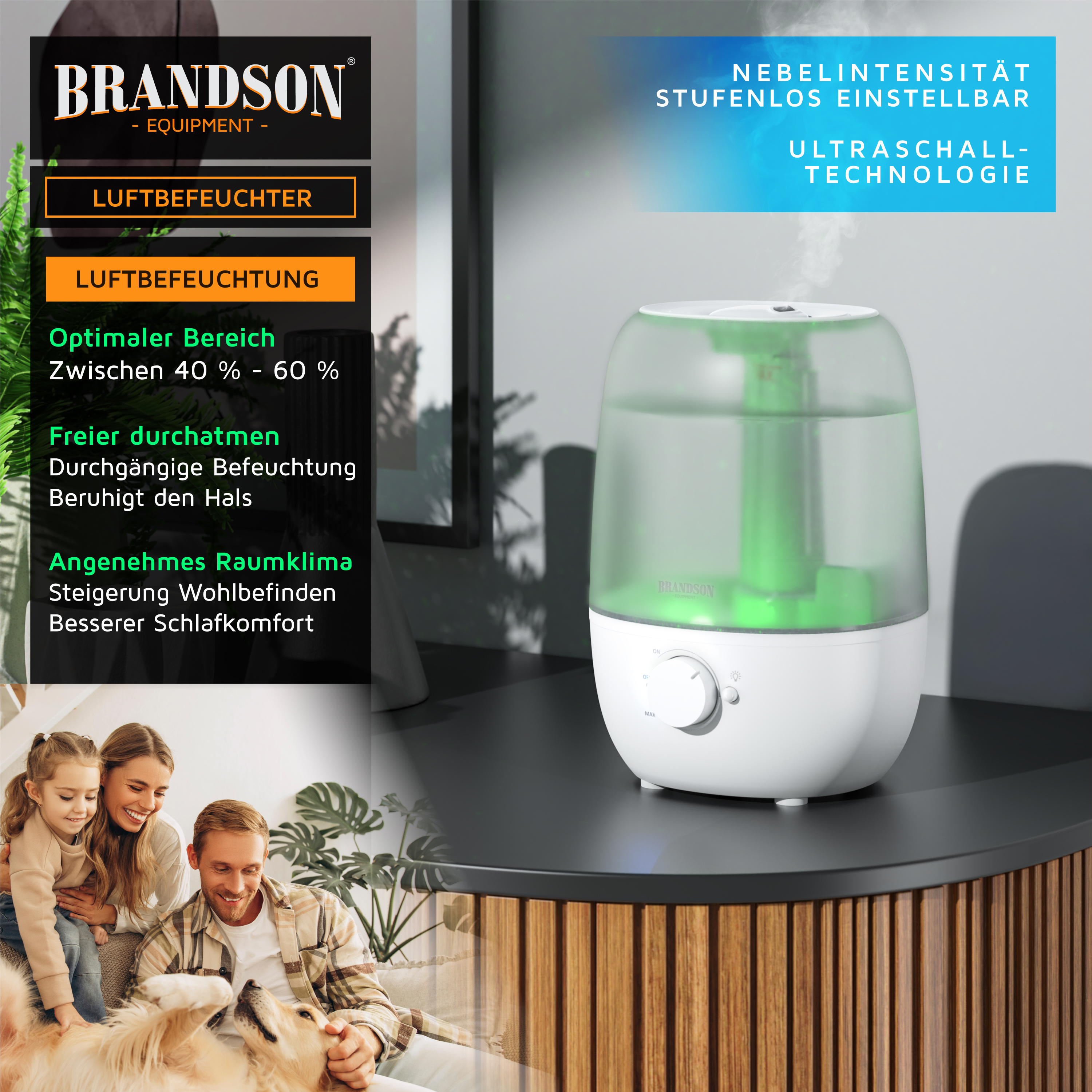 Brandson Luftbefeuchter mit transparentem Wassertank und einstellbarem Bedienfeld, platziert auf einem Tisch in einem Wohnraum.