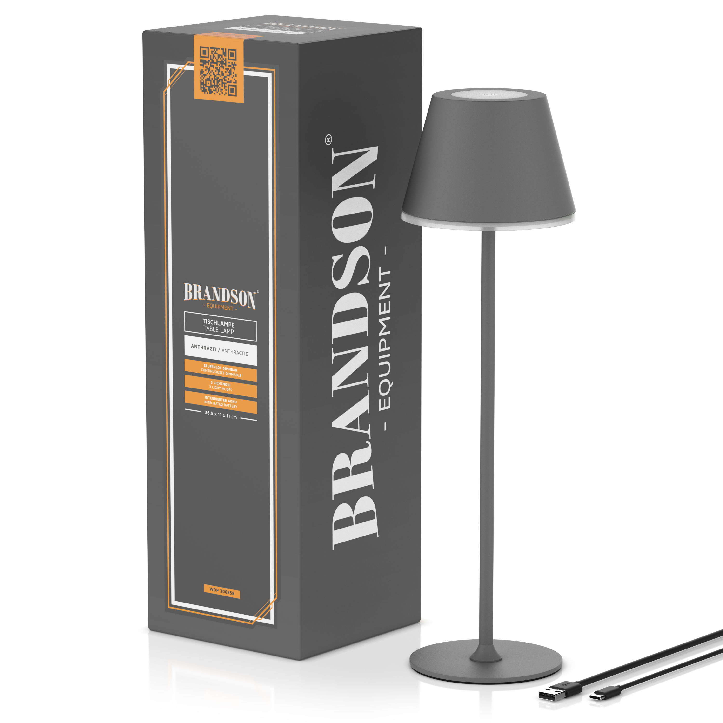 Brandson-Tischlampe in Anthrazit mit modernem Design, schlankem Ständer und konischem Schirm, verpackt in einer Markenbox.
