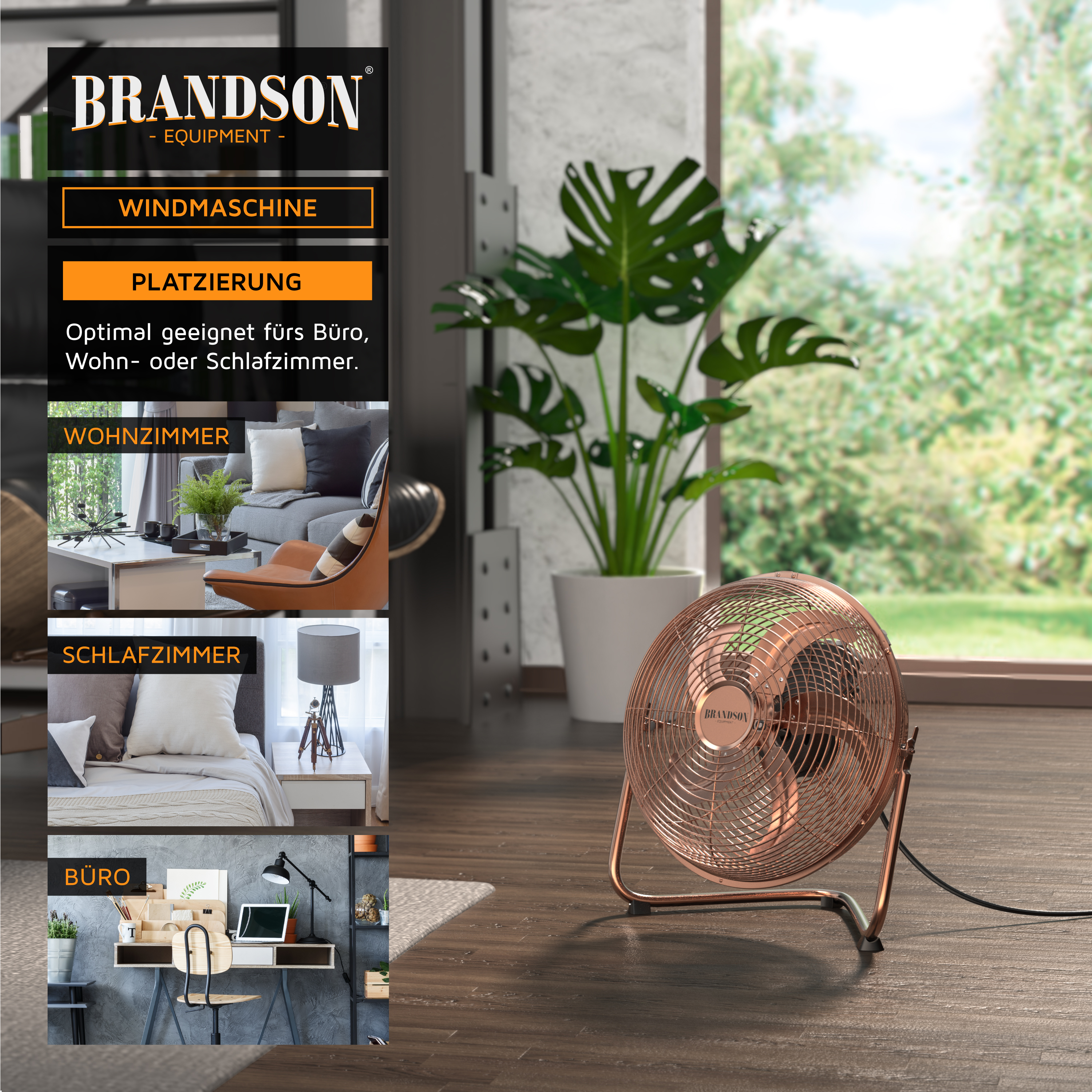 Brandson-Windmaschine in stilvollem Kupfer-Finish, mit stabilem Ständer und modernem Design, geeignet für verschiedene Innenräume.