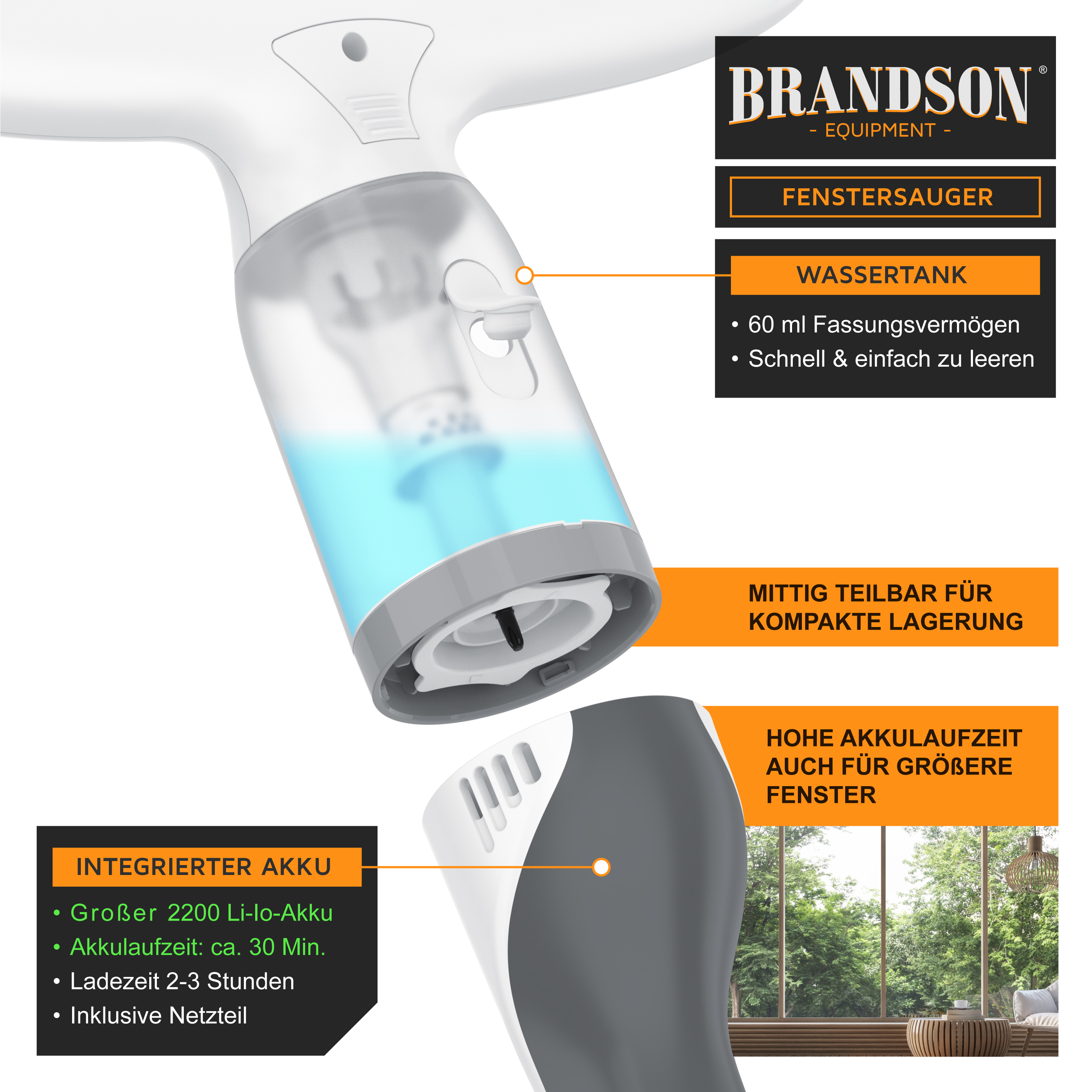 Brandson Fenstersauger mit transparentem Wassertank, mittig teilbar für kompakte Lagerung und integriertem Akku für einfache Handhabung.