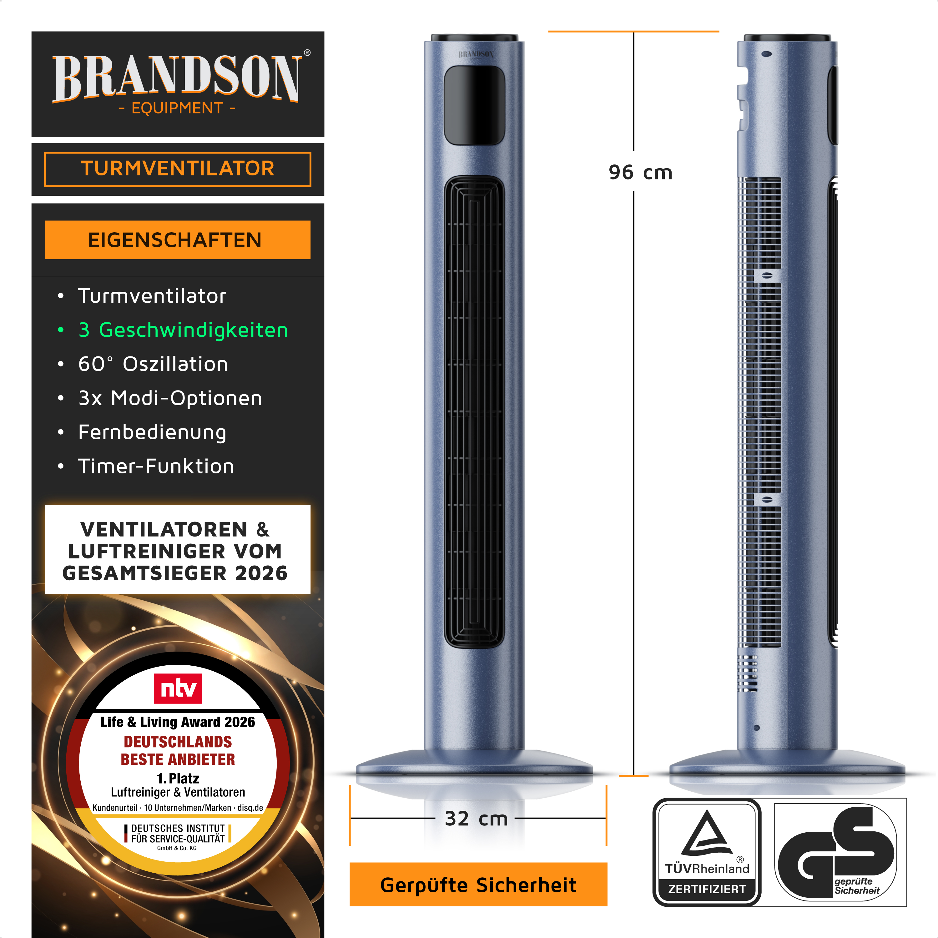 Brandson Turmventilator in blauer Farbe mit schmalem Design, Fernbedienung, Timer-Funktion und 60° Oszillation.