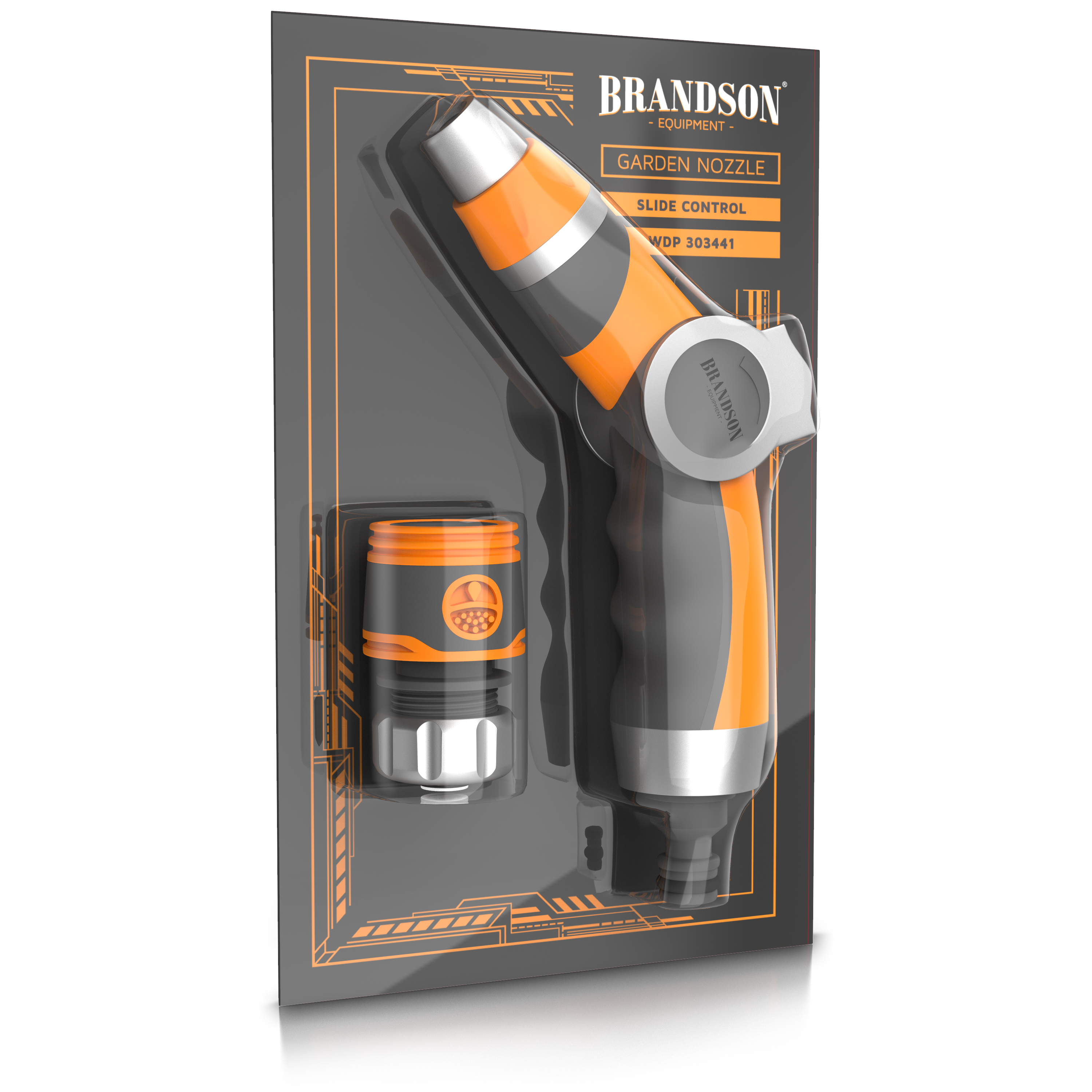 Brandson-Gartendüse mit Schieberegler, ergonomischem Griff, orange-grauem Design und einem Anschluss für den Schlauchanschluss.