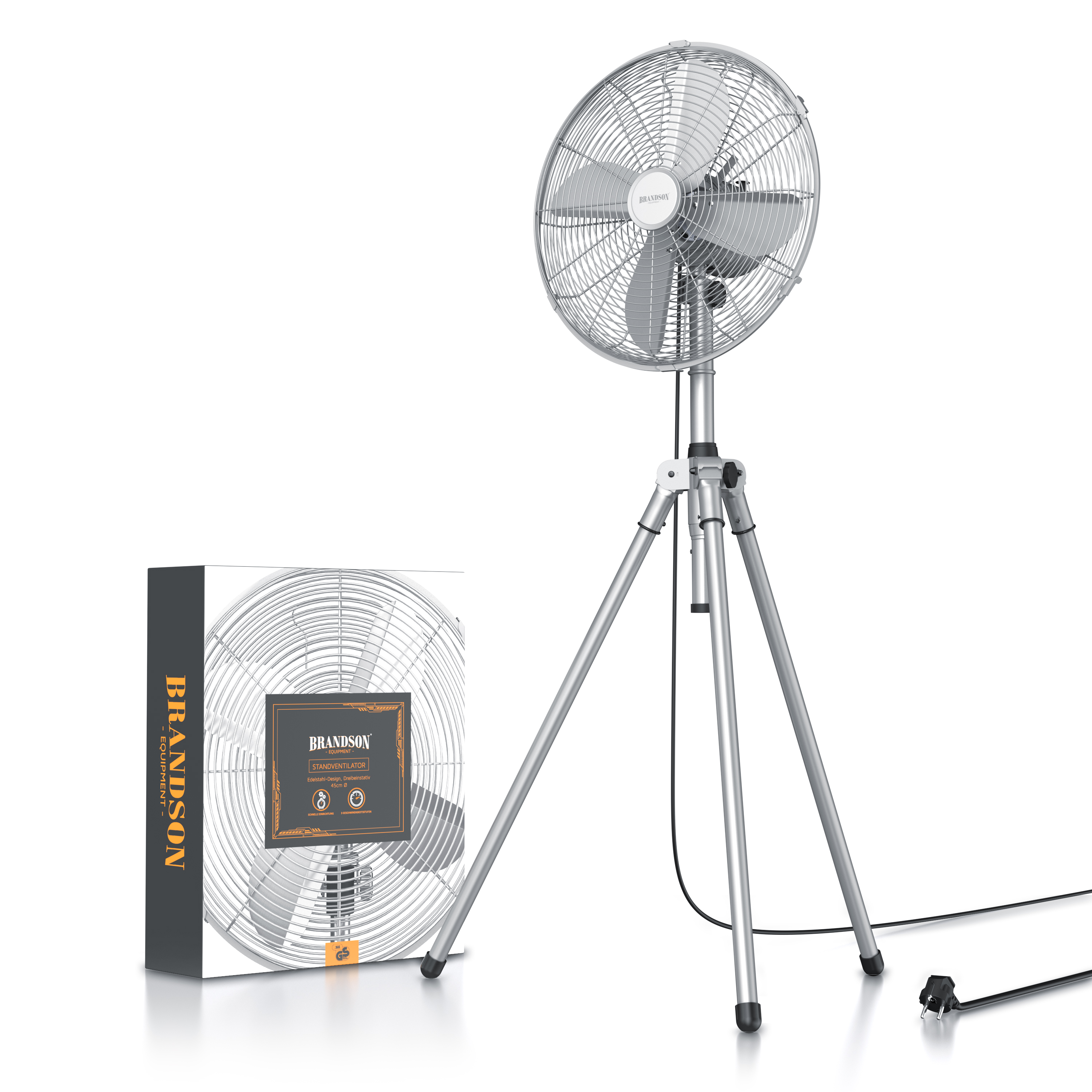 Brandson-Standventilator mit silbernem Metallrahmen, verstellbarer Höhe und sichtbarem Netzkabel, neben der Verpackung abgebildet.