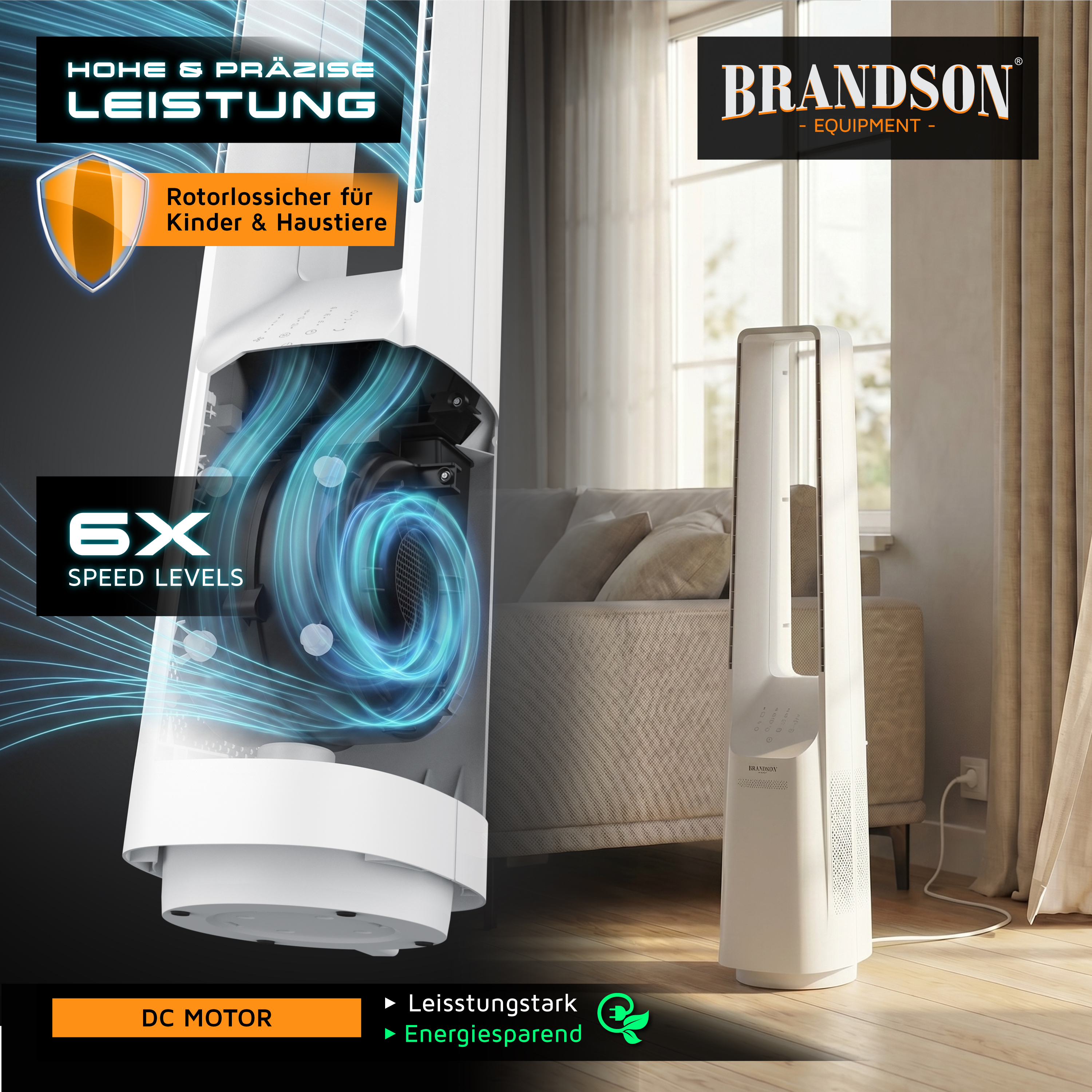 Brandson Turmventilator im modernen Design, weißes Gehäuse, sichtbares Bedienfeld, geeignet für Wohnräume, mit 6 Geschwindigkeitsstufen.