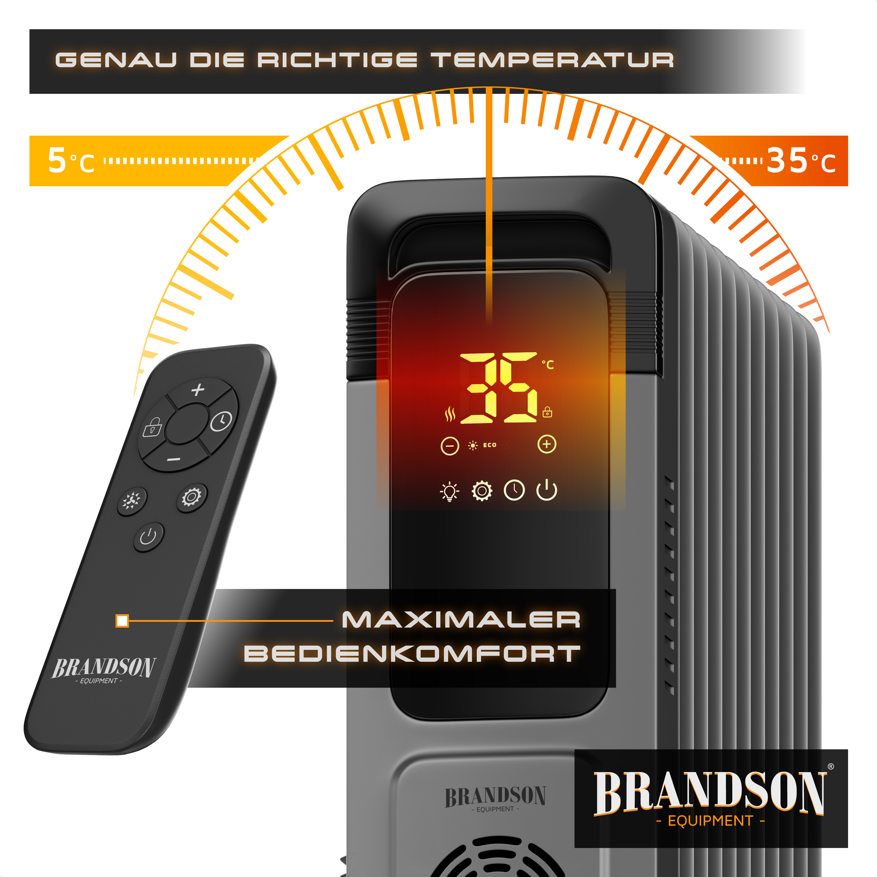 Brandson-Heizlüfter mit digitaler Anzeige von 35 Grad, schwarzer Fernbedienung und grafischer Temperaturskala im Hintergrund.