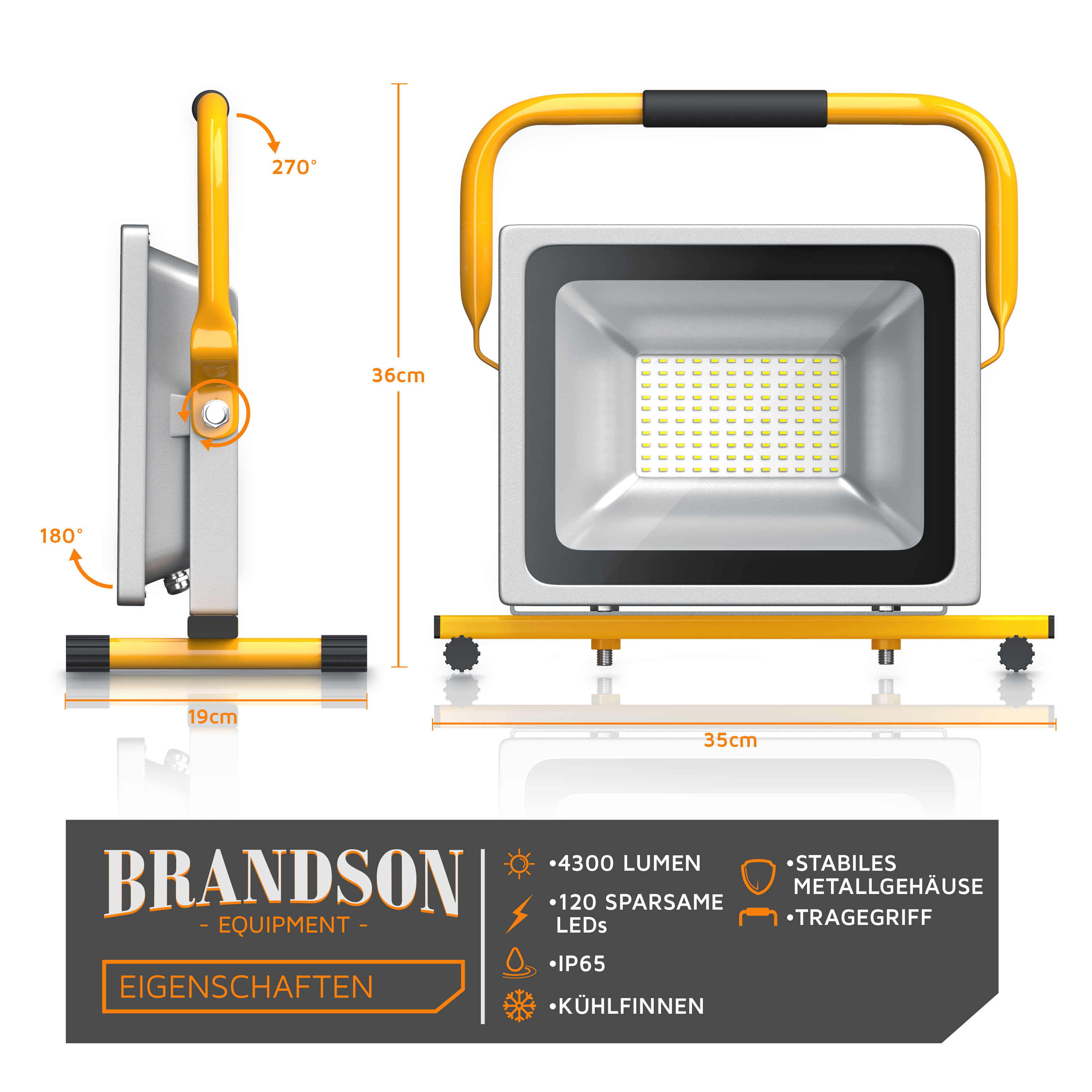 Brandson LED-Arbeitsleuchte mit stabilem Metallgehäuse, Tragegriff und verstellbarem Standfuß, ideal für Baustellen und Werkstätten.