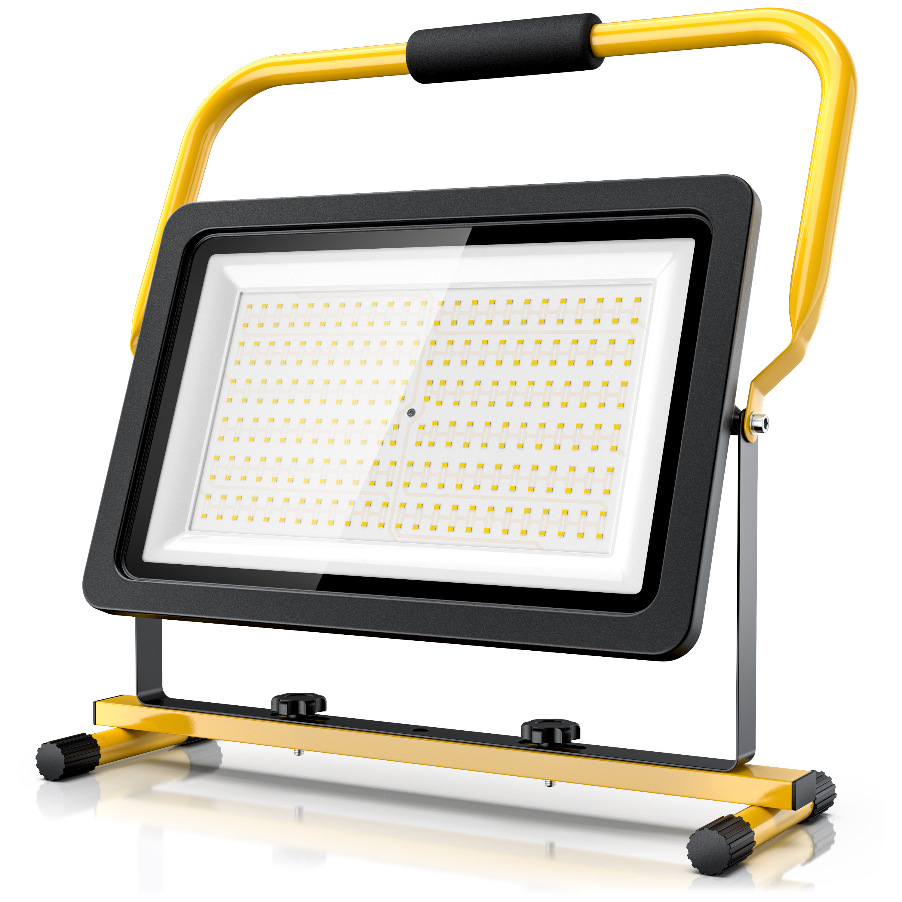 LED-Bauleuchte von Brandson mit stabilem gelben Griff, schwarzem Rahmen und verstellbarem Ständer für vielseitige Beleuchtungslösungen.