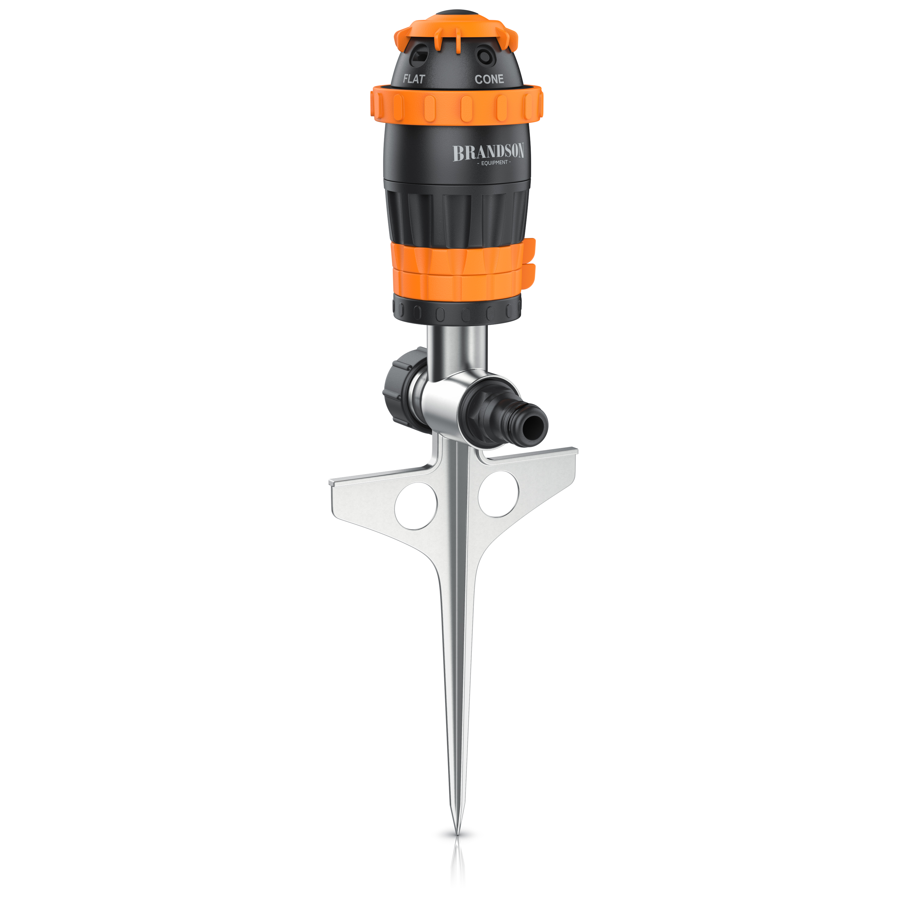 Brandson Sprinkler mit verstellbarem Sprühkopf in Schwarz und Orange, aus robustem Material mit stabiler Erdspitze.