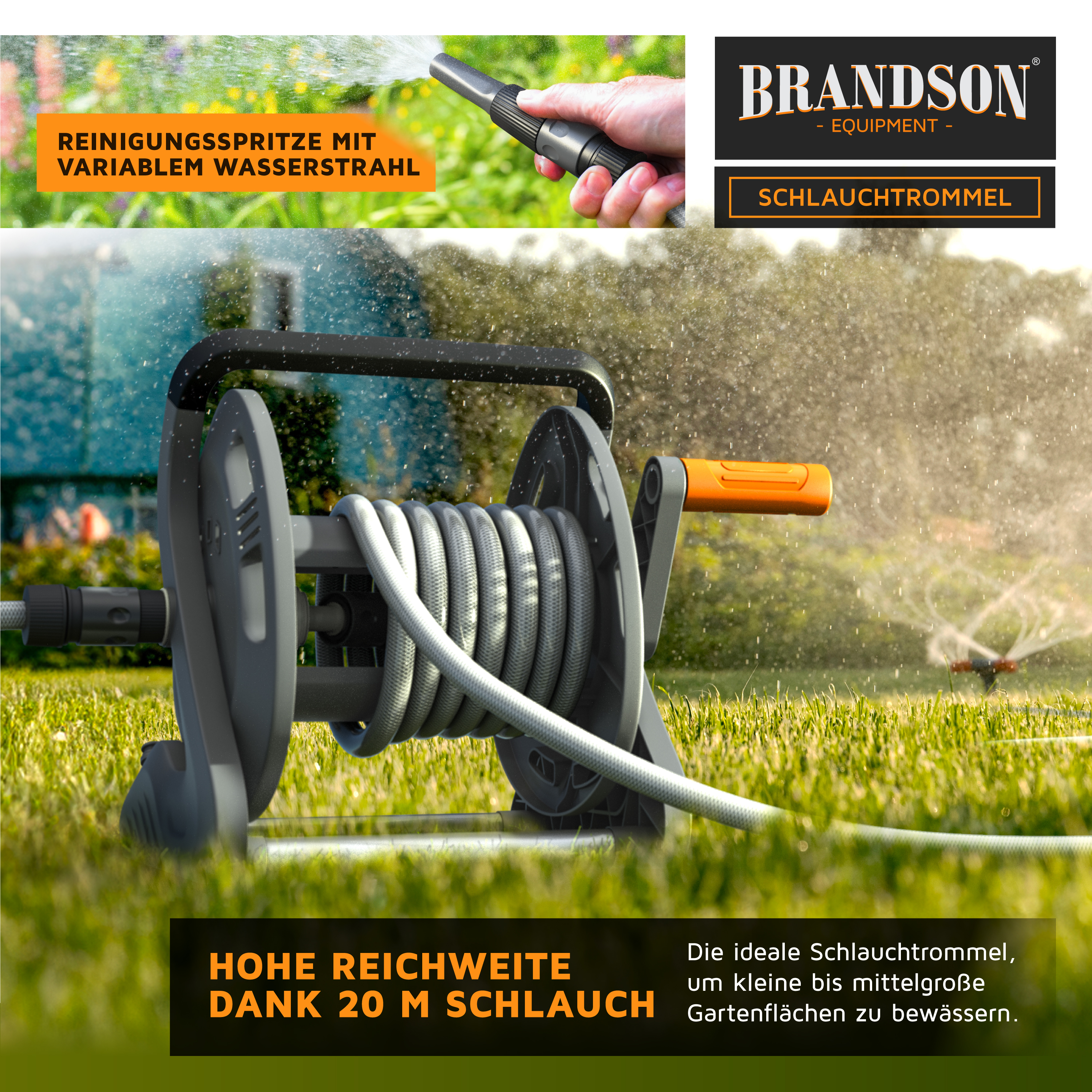 Brandson Schlauchtrum mit 20 m Schlauch, graues Gehäuse, orangefarbener Griff, ideal für die Bewässerung von Gartenflächen.