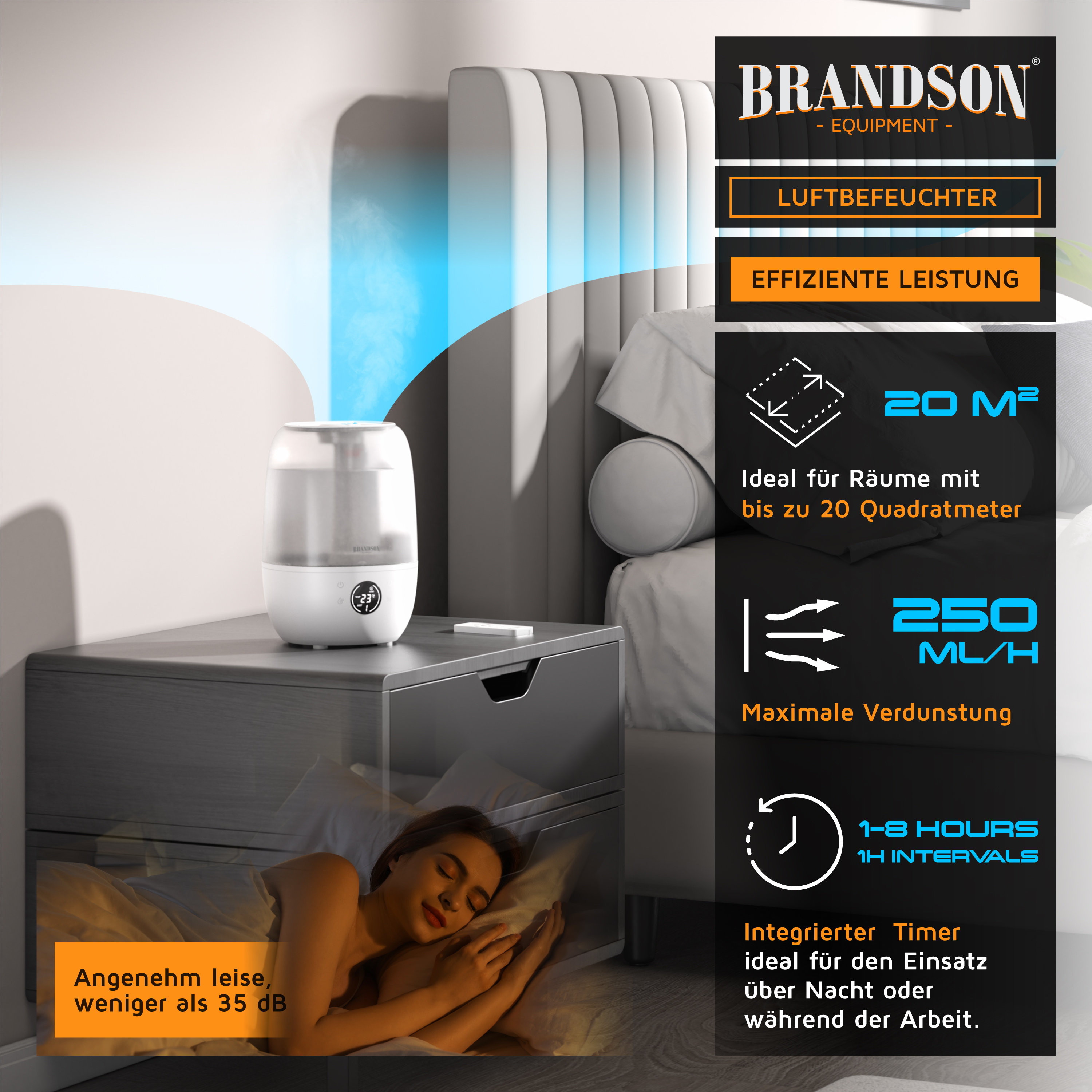 Brandson Luftbefeuchter in Weiß mit transparentem Wassertank, Bedienfeld und Fernbedienung auf einem Nachttisch neben einem Bett.