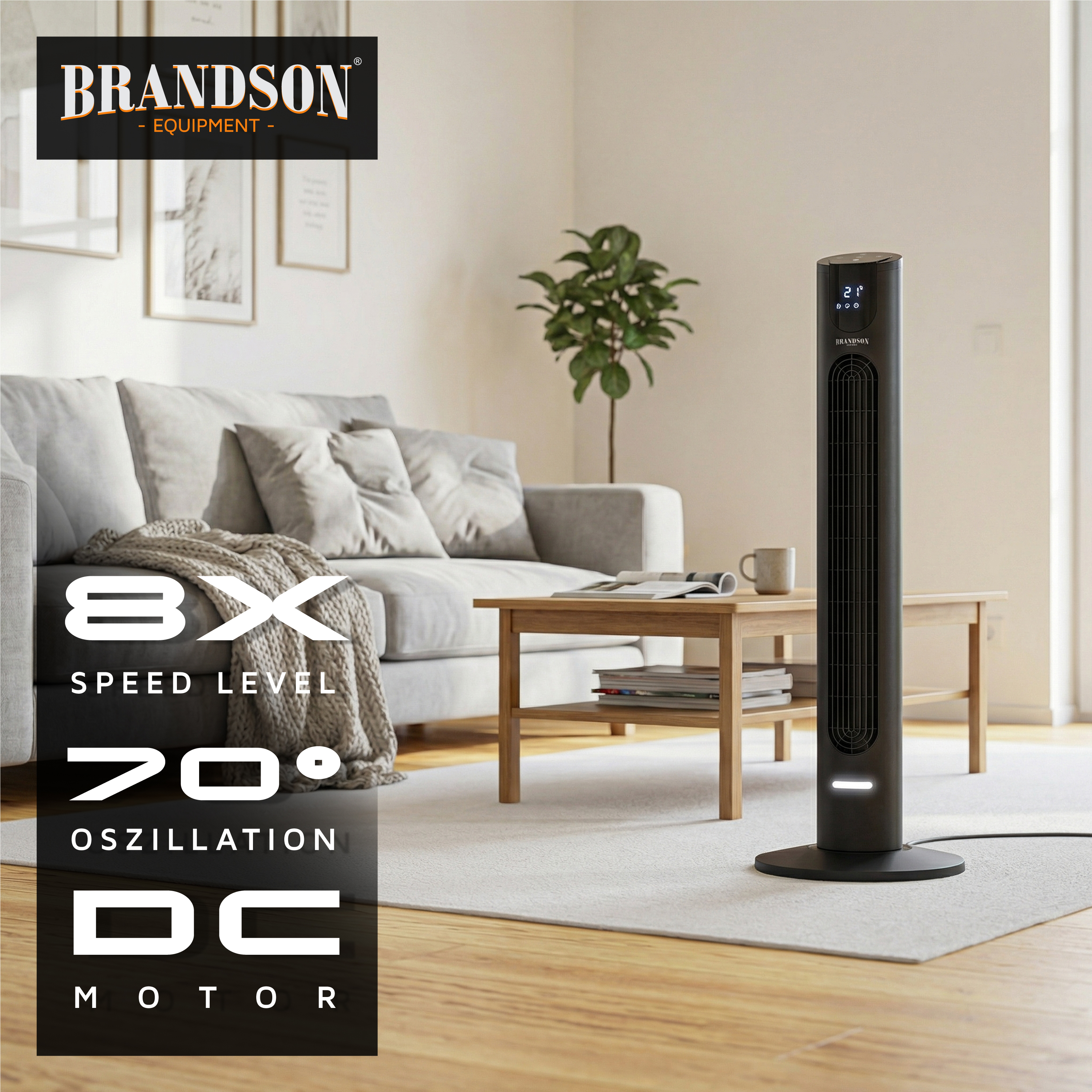 Brandson Turmventilator in Schwarz mit elegantem Design, Digitalanzeige und Fernbedienung, platziert in einem modernen Wohnzimmer.