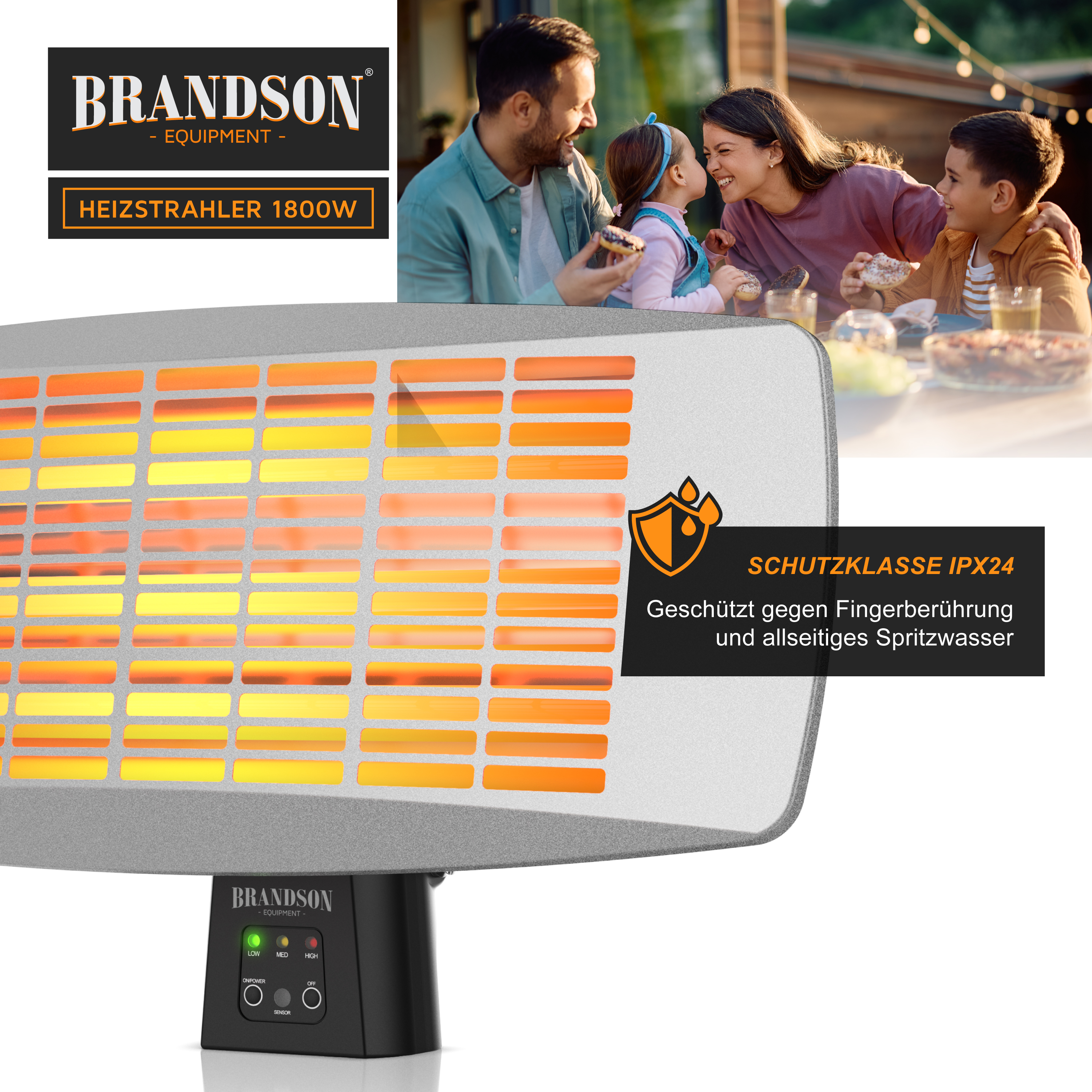 Brandson Heizstrahler mit 1800W, silberner Bauform, sichtbarem Bedienfeld und IPX24 Schutzklasse, ideal für den Außenbereich.