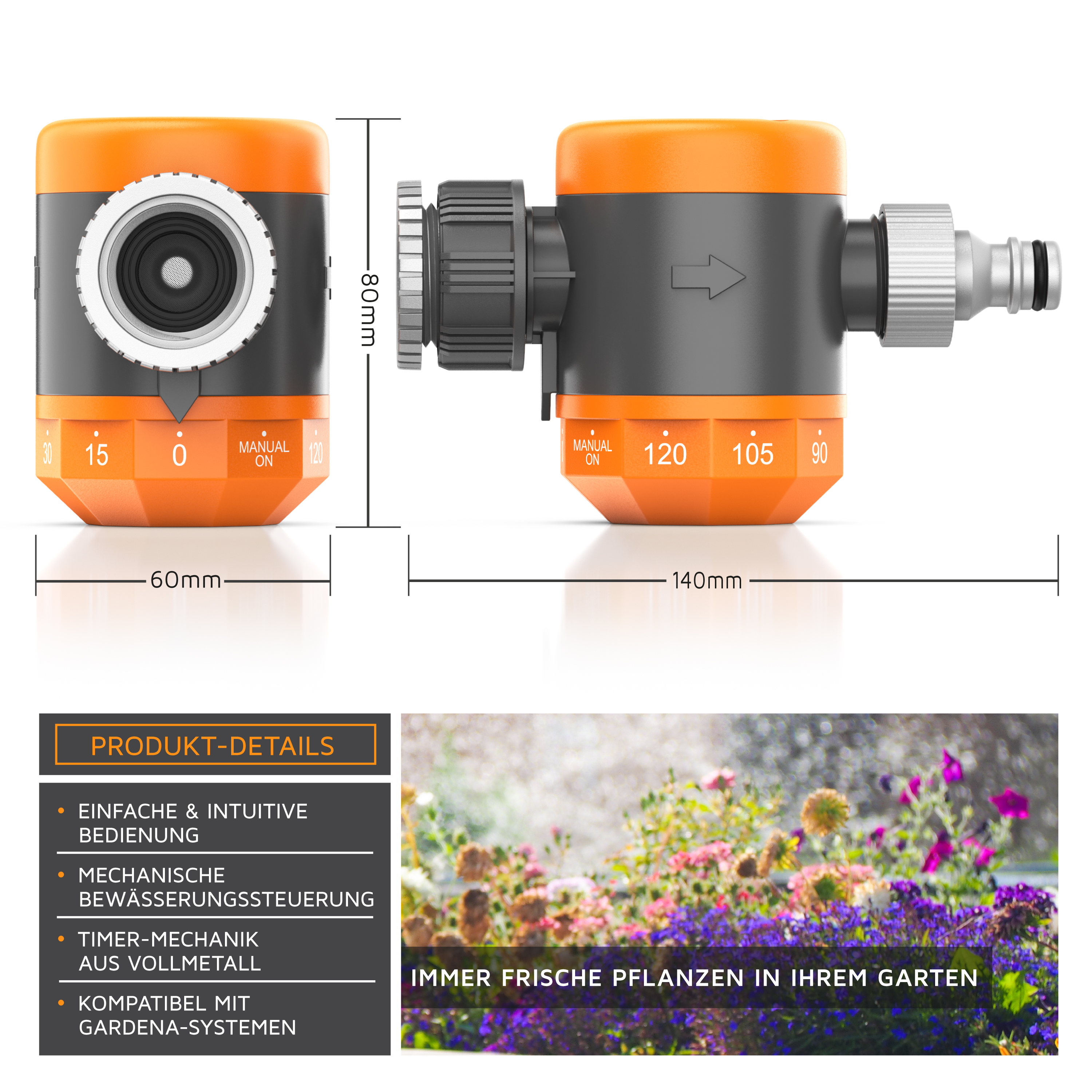 Brandson Bewässerungssteuerung in orange und grau mit mechanischem Timer, kompatibel mit Gardena-Systemen, einfache Bedienung.