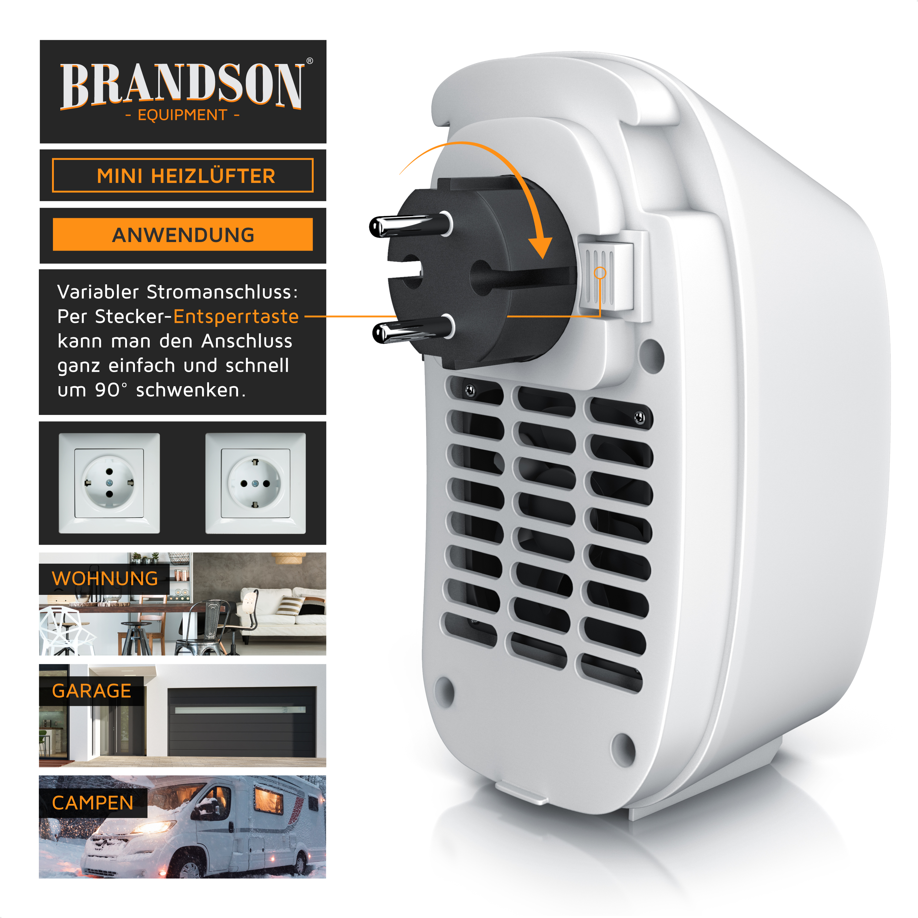 Brandson Mini-Heizgerät mit variablem Steckanschluss, kompaktem Design und seitlichen Lüftungsgittern für effiziente Wärmeverteilung.
