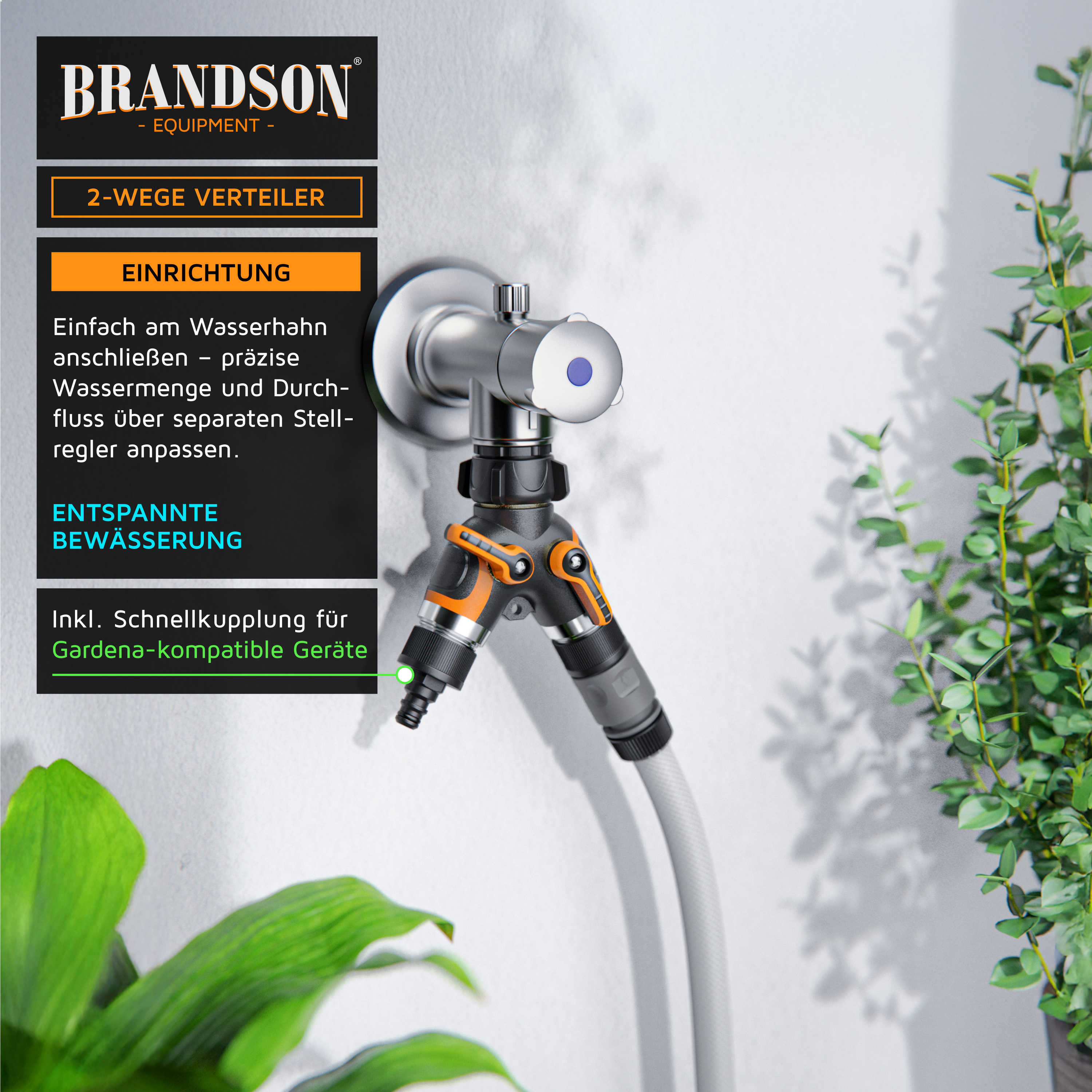 Brandson 2-Wege-Verteiler mit Chromoberfläche, einstellbarem Wasserdurchfluss und Schnellkupplung für Gardena-kompatible Geräte.