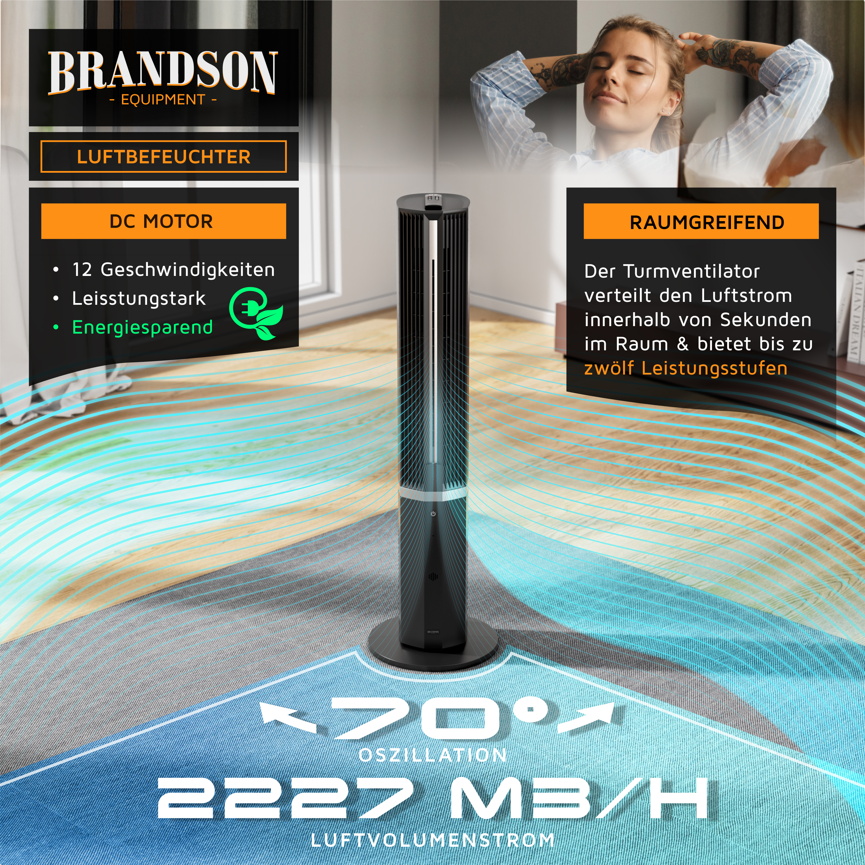 Brandson Turmventilator in Schwarz mit DC-Motor, 12 Geschwindigkeiten, energiesparend, geeignet für große Räume, modernes Design.