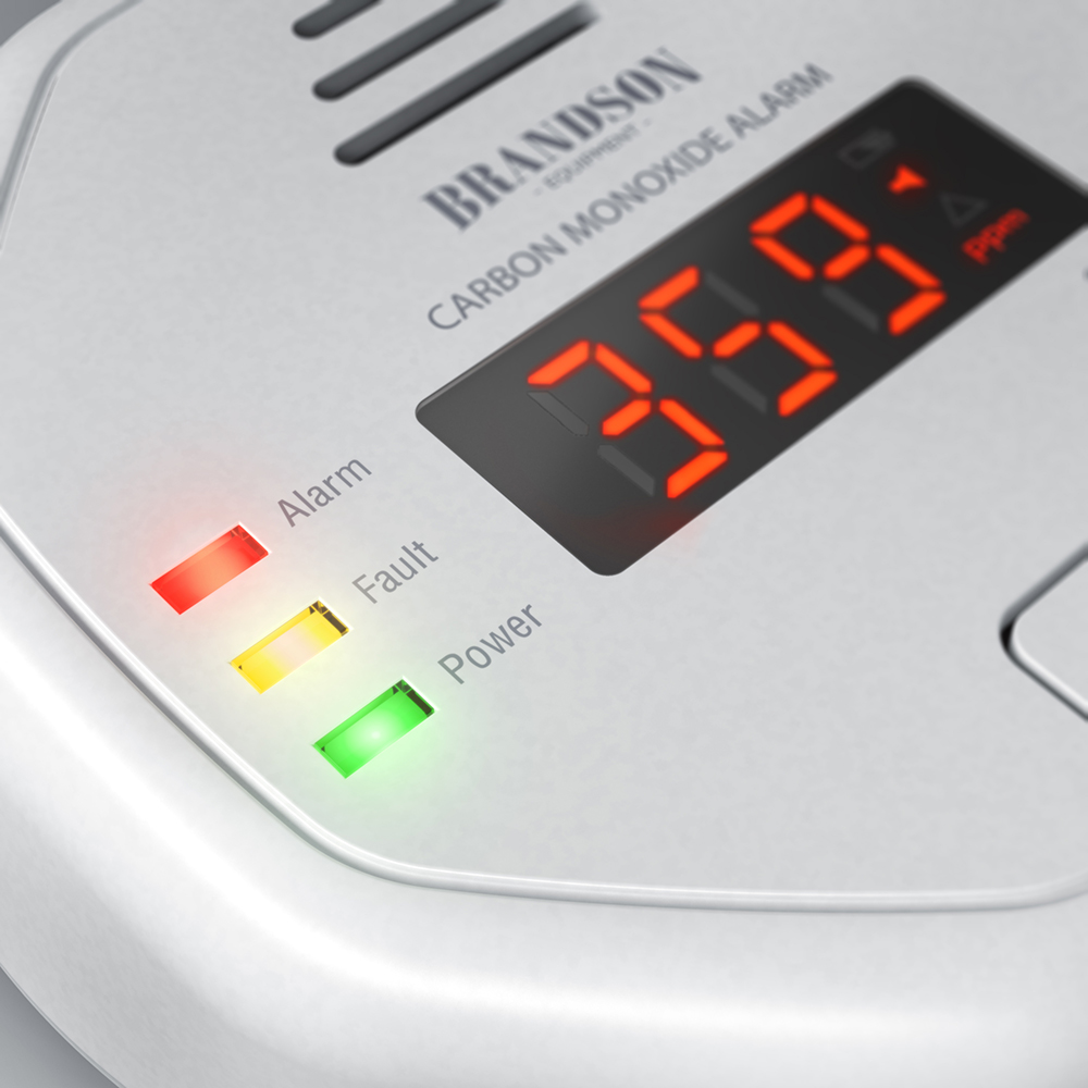 Kohlenmonoxidmelder von Brandson mit digitaler Anzeige der Füllstände und Anzeigeleuchten für Alarm, Fehler und Stromstatus.