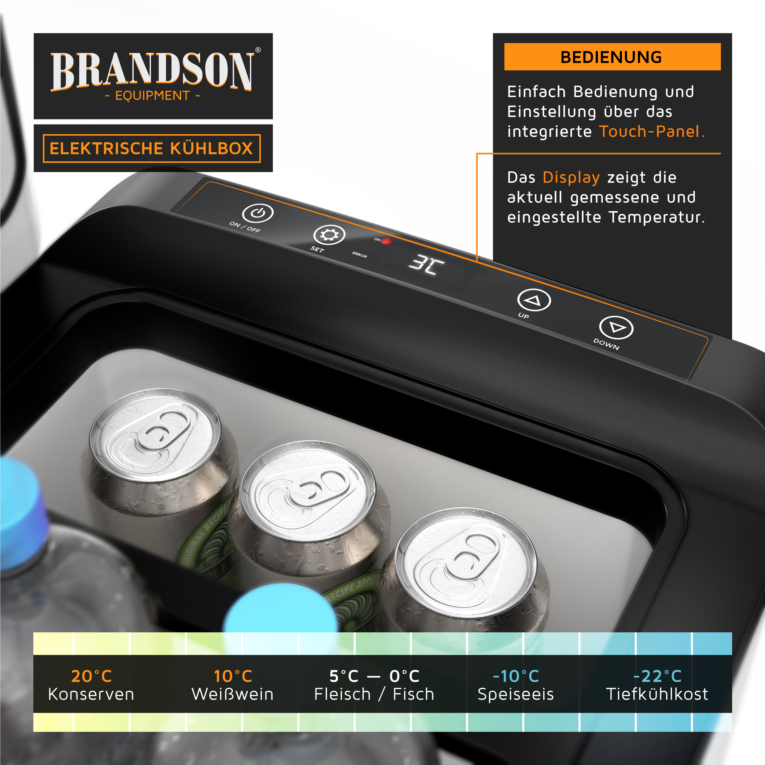 Brandson elektrische Kühlbox mit integriertem Touch-Panel und Display zur Temperatureinstellung, sichtbar sind Dosen und Flaschen.