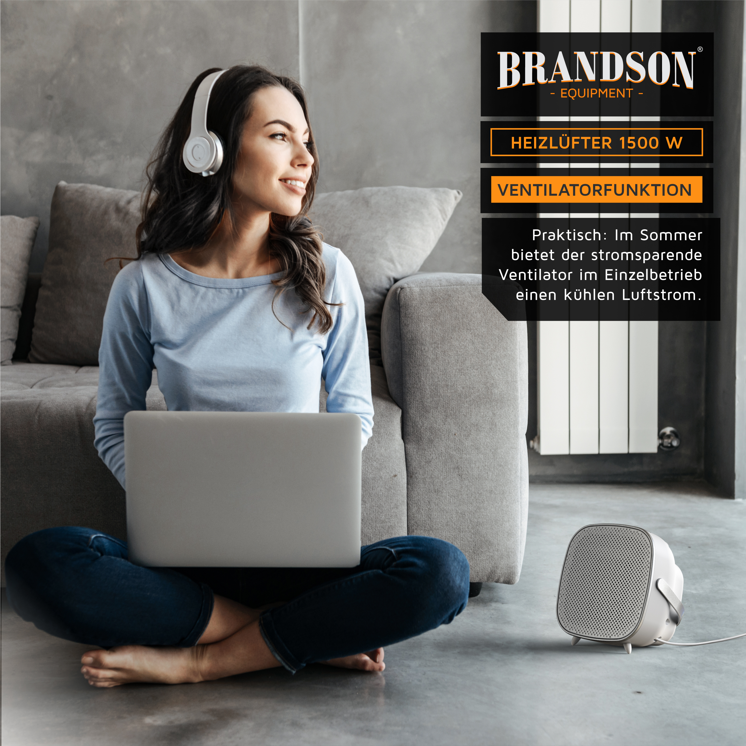 Brandson Heizlüfter mit Ventilatorfunktion, kompakte Bauform in Weiß, sichtbares Bedienfeld, ideal für den Einsatz im Wohnbereich.