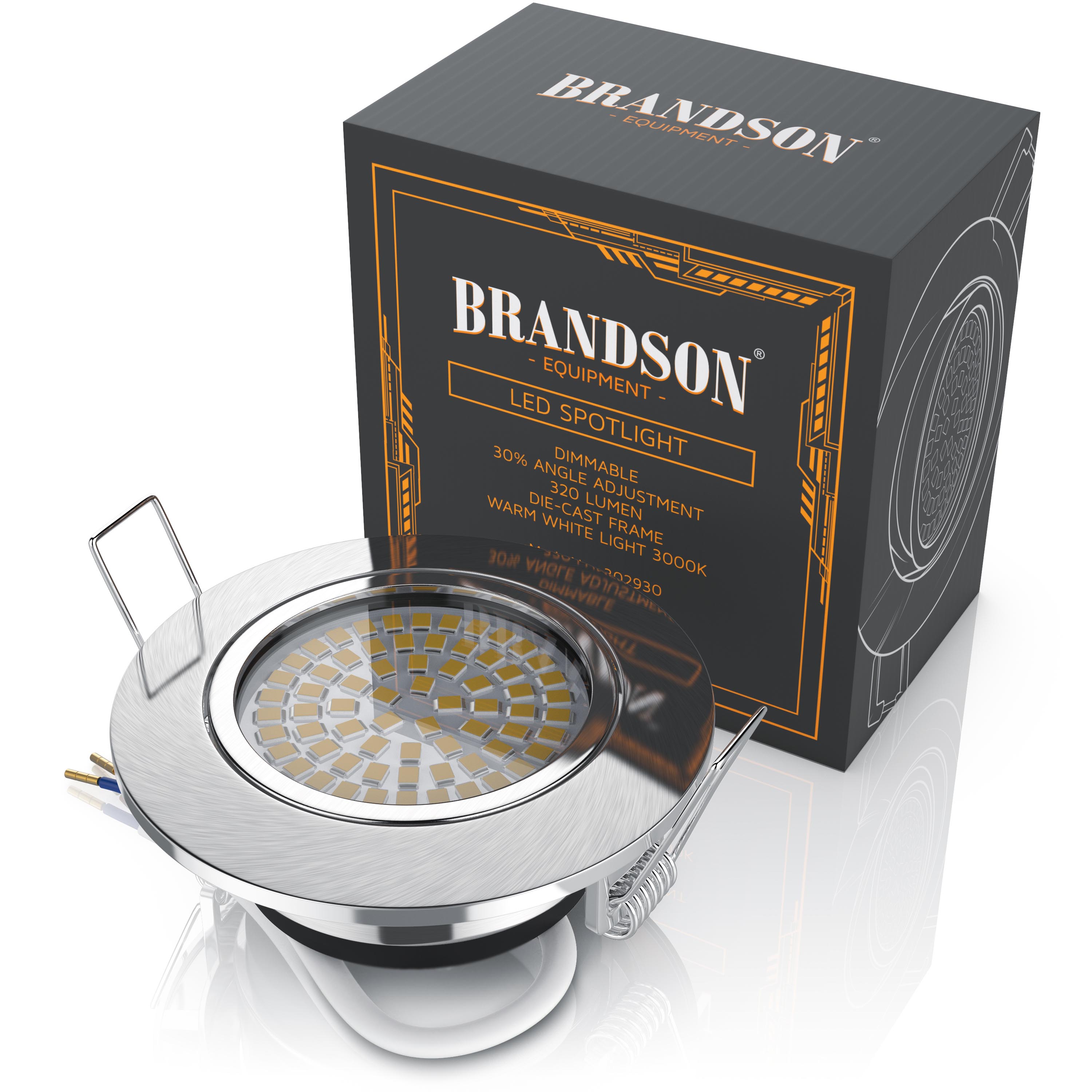 Brandson LED-Strahler mit dimmbarer Funktion, Edelstahlrahmen und warmweißem Licht, inklusive Verpackung.