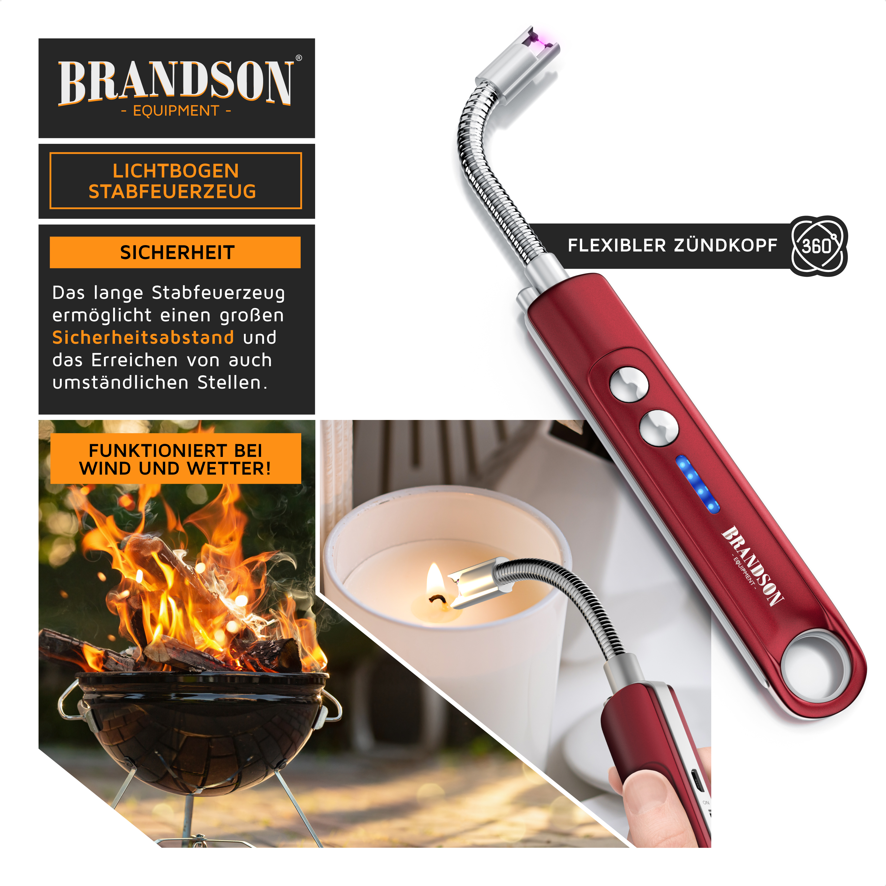 Brandson Lichtbogen-Stabfeuerzeug in Rot mit flexiblem Zündkopf und Sicherheitsabstand, ideal für Wind und Wetter.