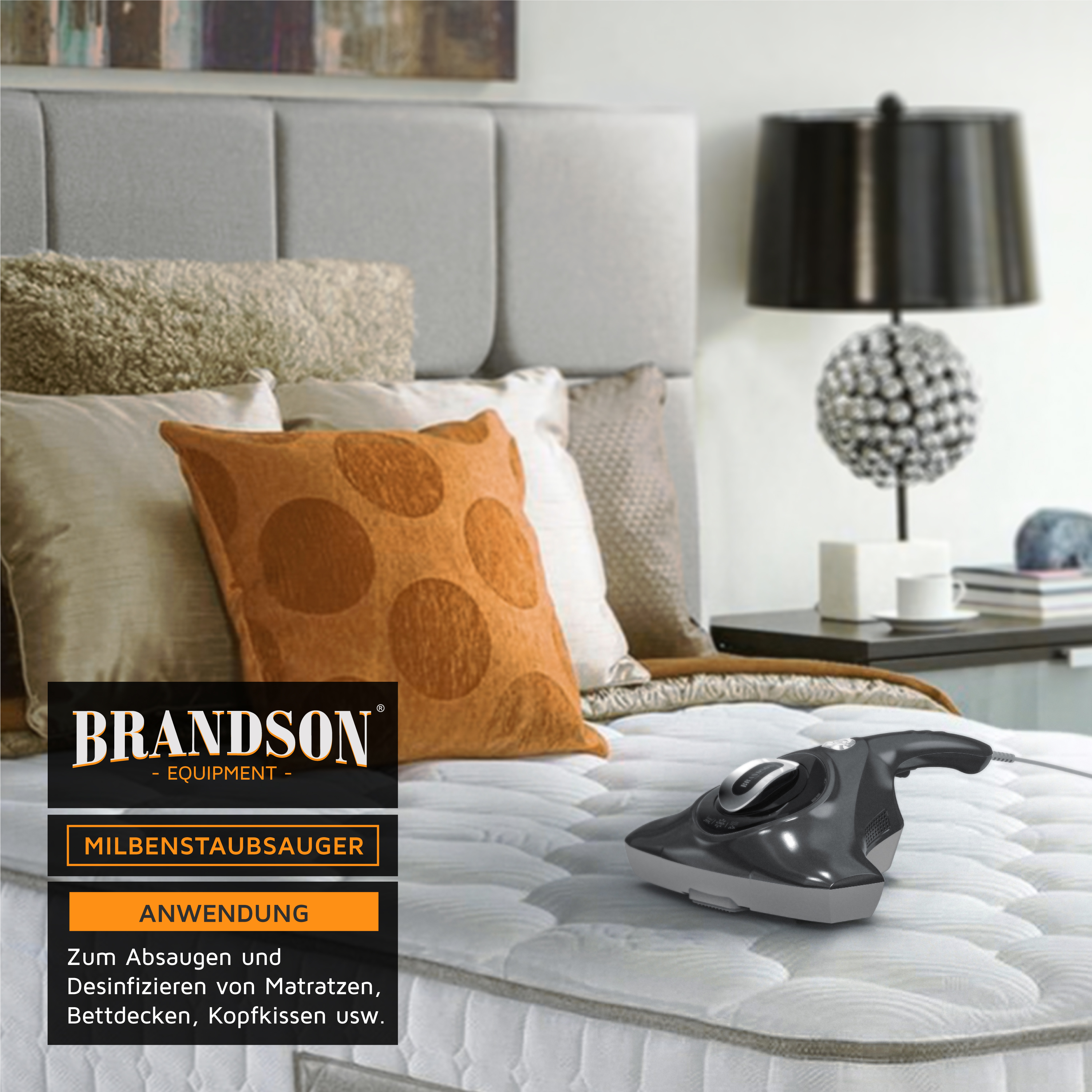 Brandson Milbenstaubsauger in Schwarz auf einer Matratze, ideal zum Absaugen und Desinfizieren von Bettwaren.