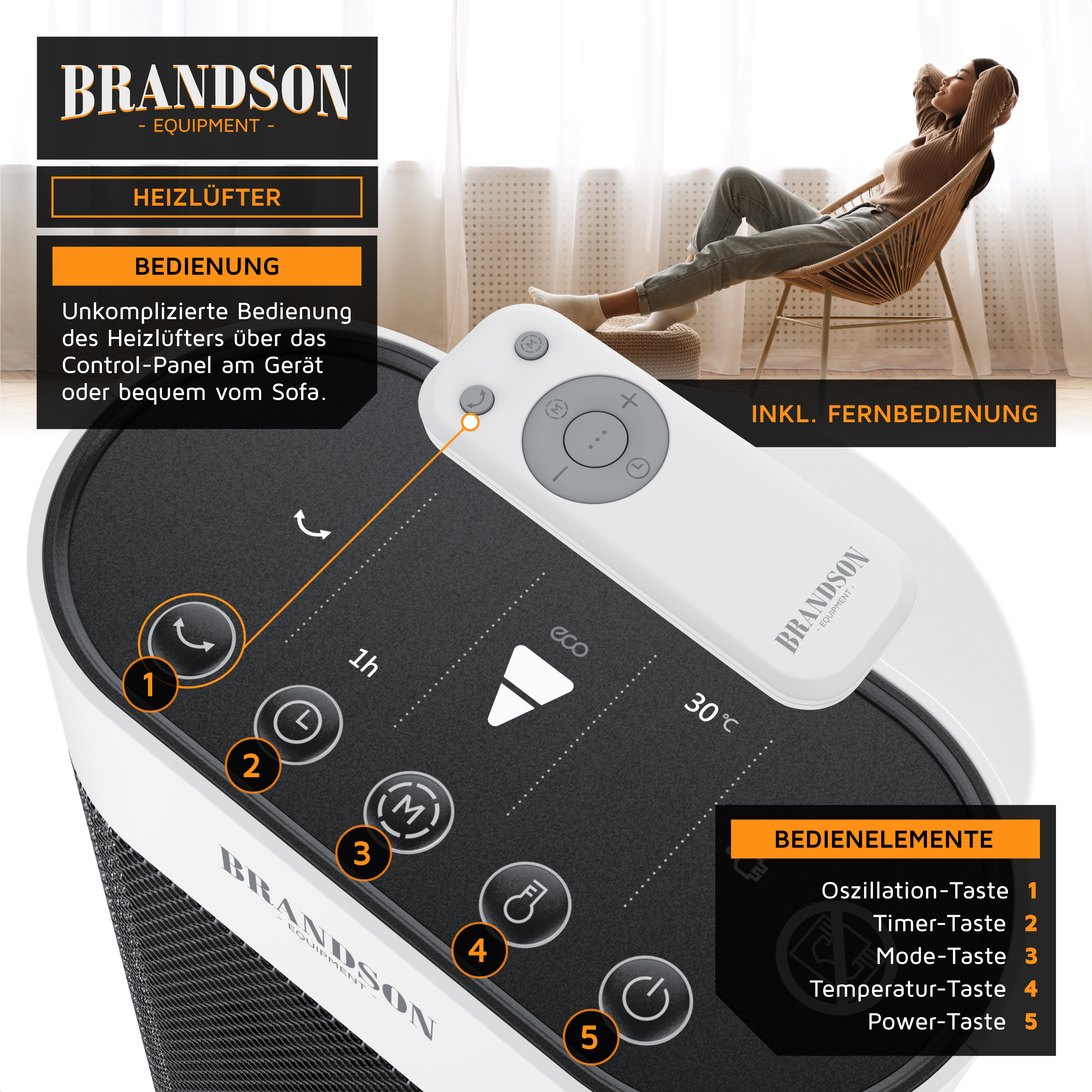 Brandson Heizlüfter mit Bedienfeld und Fernbedienung, schwarzes Gehäuse, einfache Steuerung vom Sofa aus.