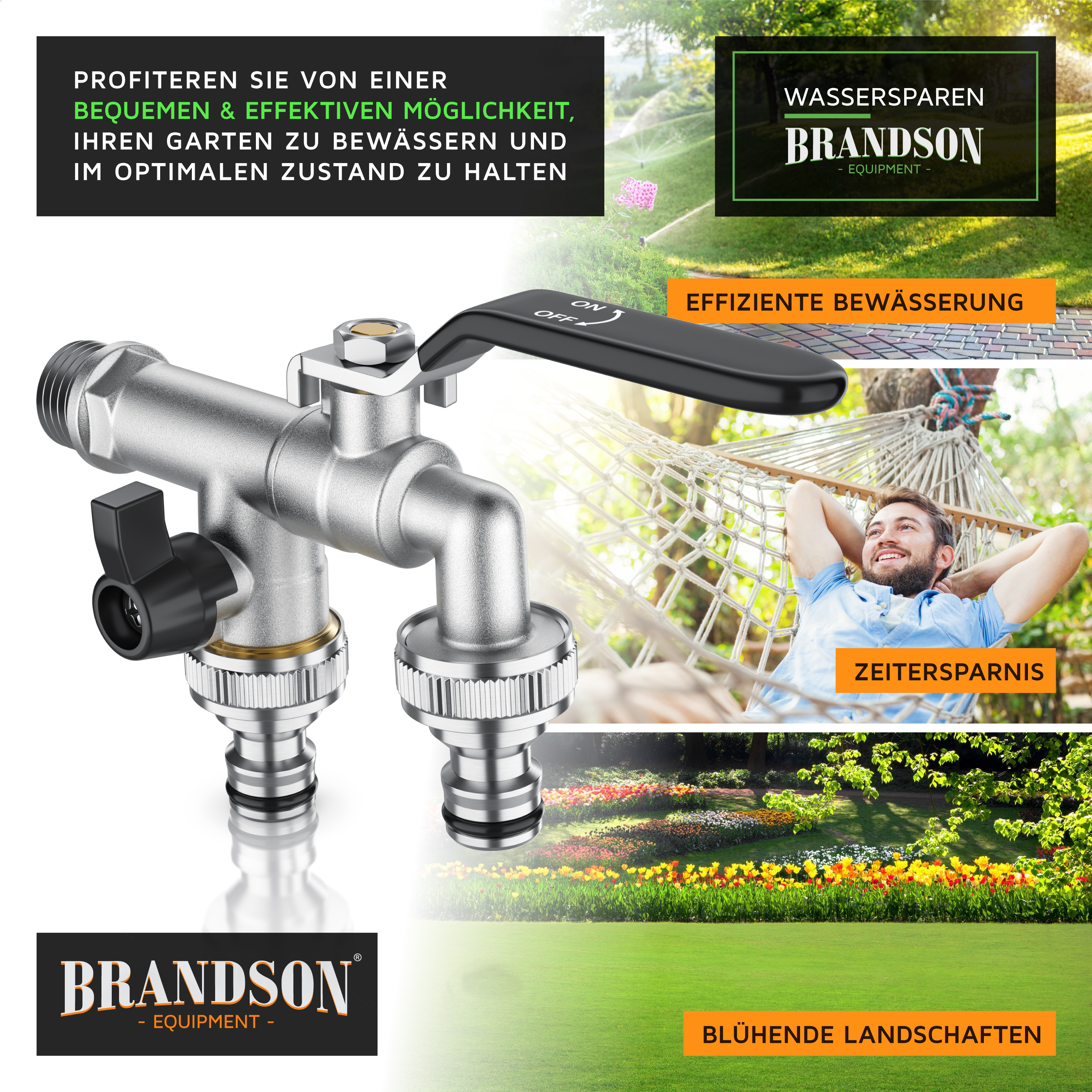 Brandson Gartenbewässerungsventil aus Metall mit schwarzem Hebel und zwei Anschlussmöglichkeiten für Schläuche.