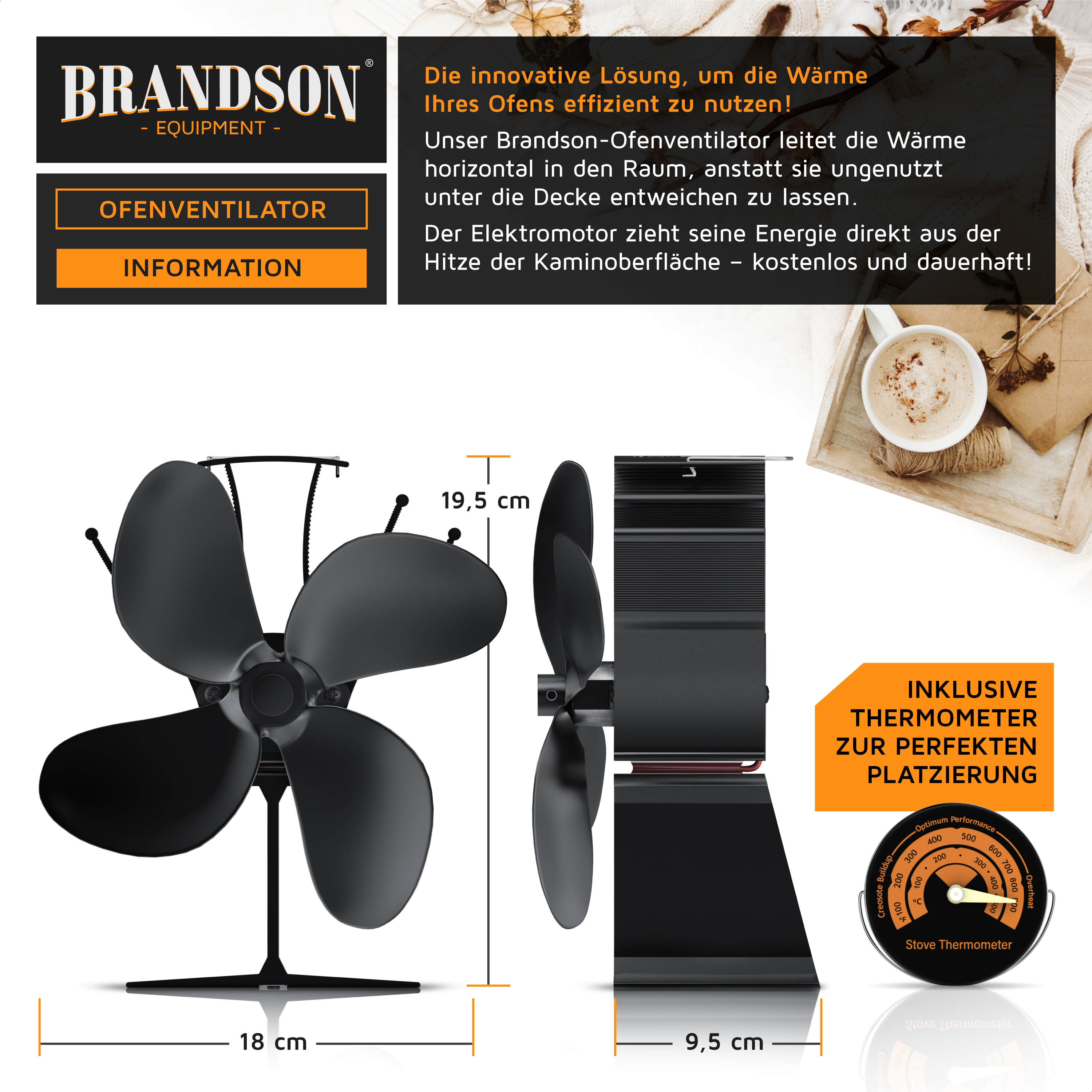 Brandson Ofenventilator mit schwarzem Gehäuse und vier Rotorblättern, inklusive Thermometer zur optimalen Platzierung.