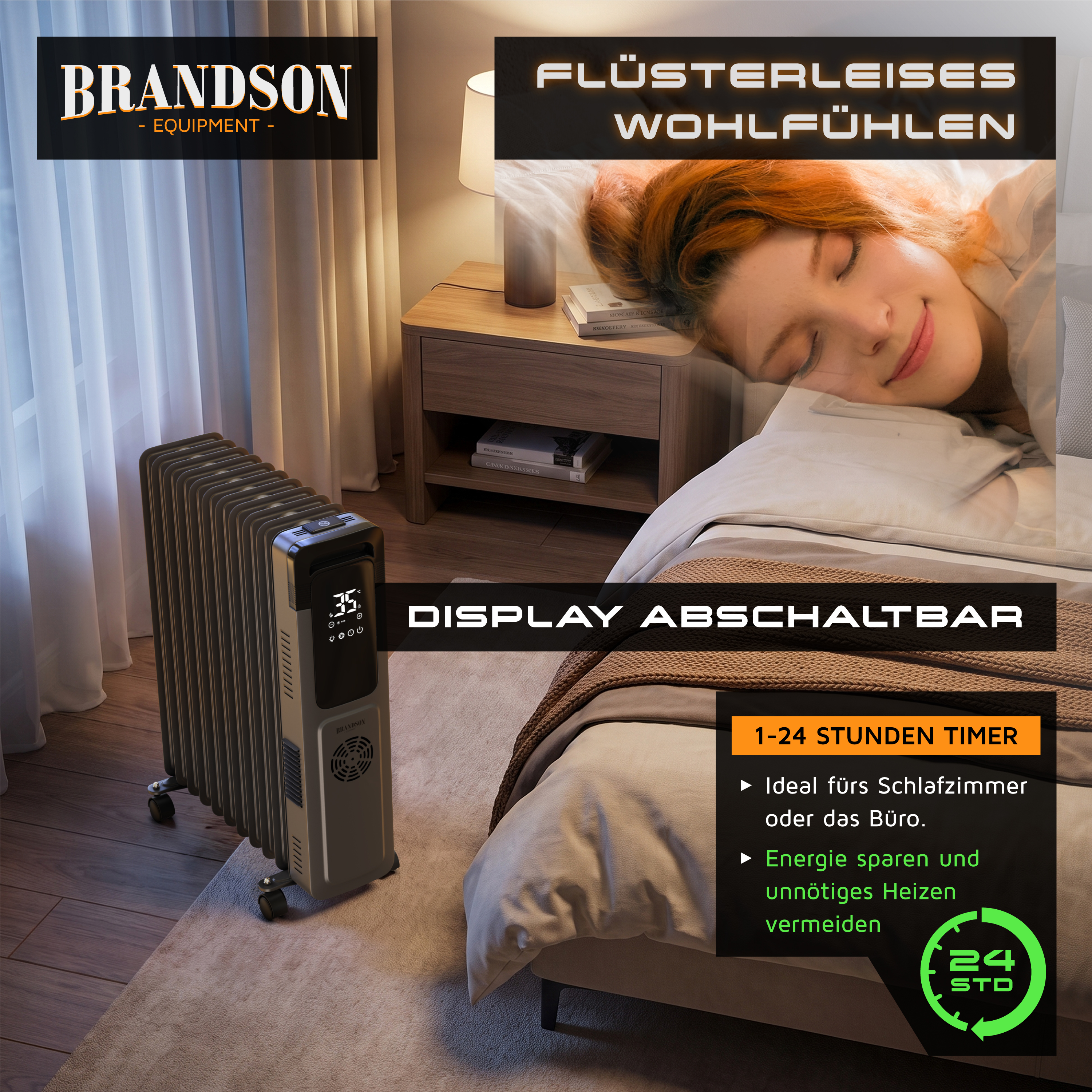 Brandson-Ölradiator in einem Schlafzimmer mit Digitalanzeige, auf Rädern stehend neben einem Bett, in dem eine Person friedlich schläft.