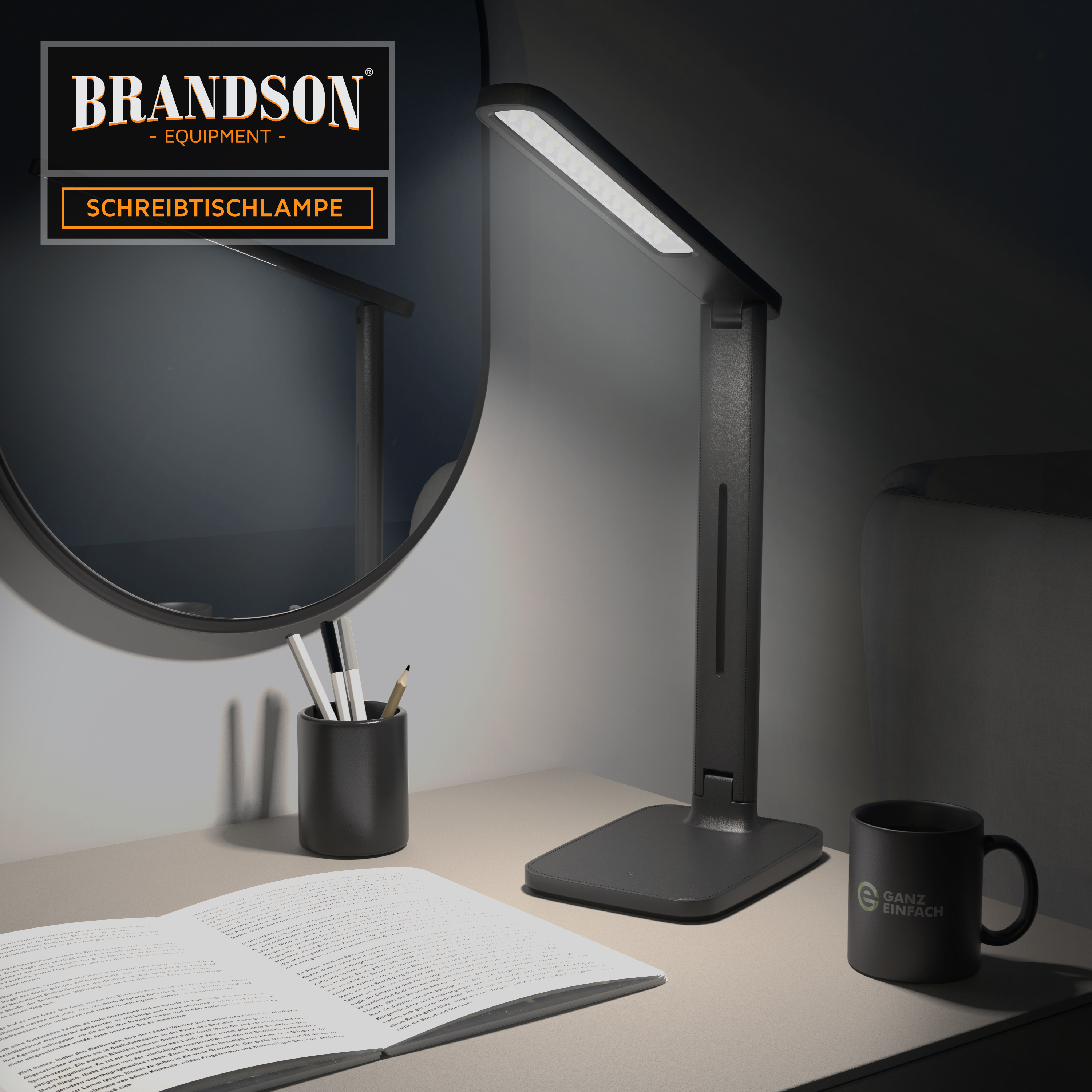 Brandson-Schreibtischlampe mit elegantem schwarzem Design, verstellbarem Arm und integriertem LED-Licht, platziert auf einem Arbeitsplatz neben einem Notizbuch und einem Stifthalter.