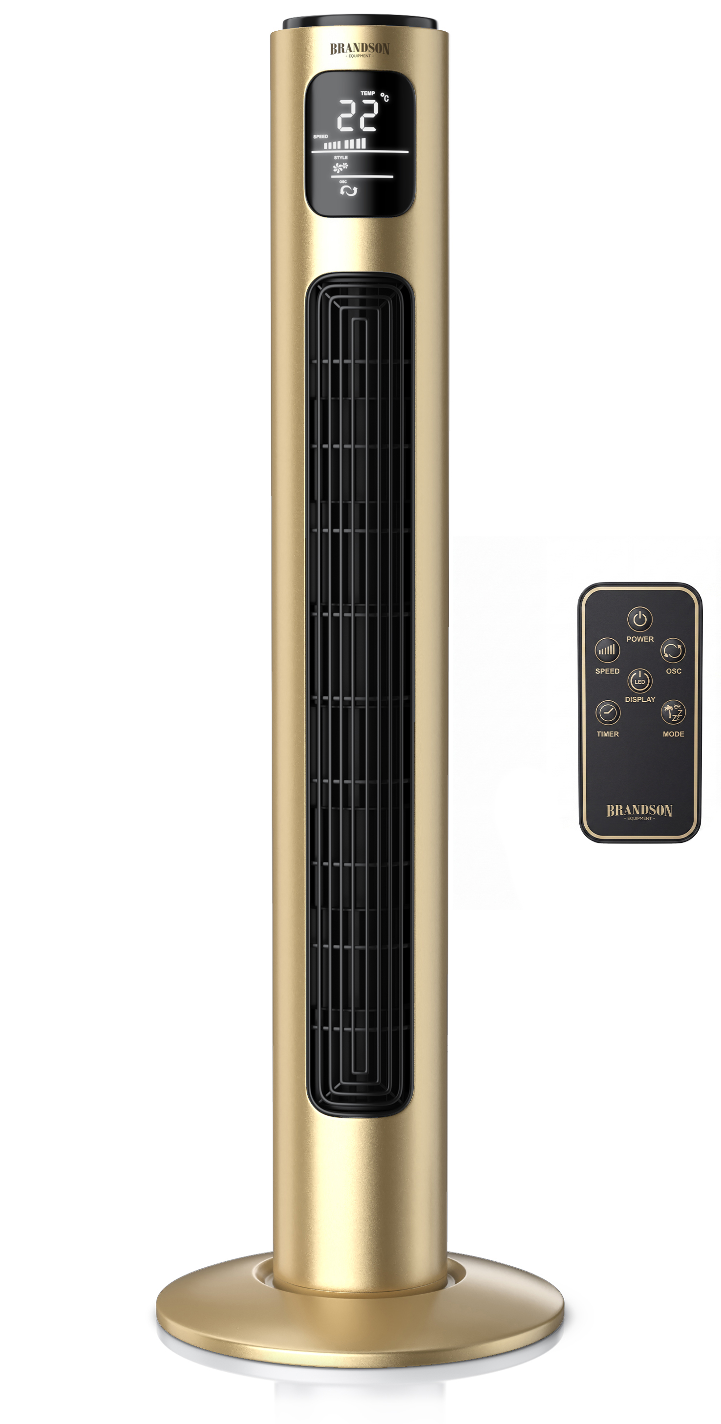 Brandson Turmventilator in Gold mit Digitalanzeige und Fernbedienung, elegantem Design und stabilem Sockel.
