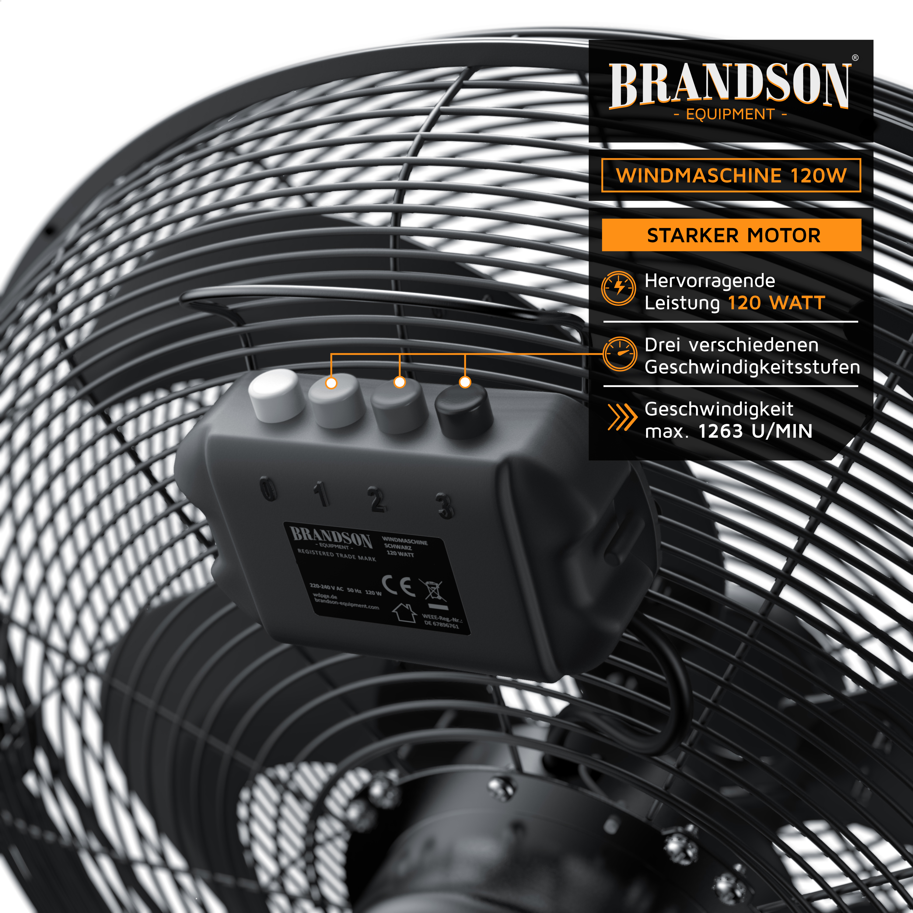 Brandson Windmaschine mit starkem Motor, schwarzem Gehäuse, Bedienfeld mit drei Geschwindigkeitsstufen und sichtbarem Ventilatorgitter.