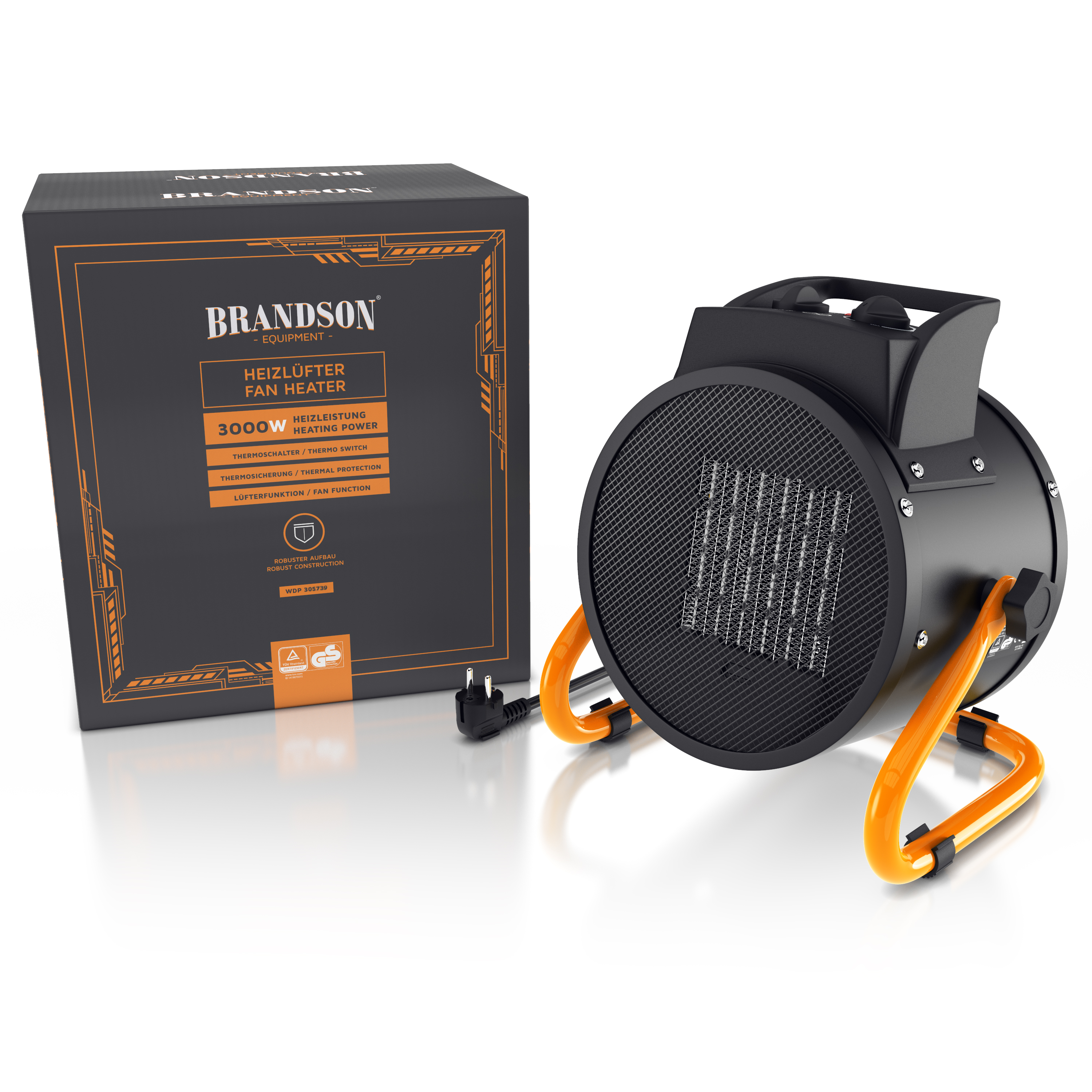 Brandson Heizlüfter mit schwarzem Gehäuse, orangefarbenen Standfüßen und Bedienfeld, verpackt in einer schwarzen Box.