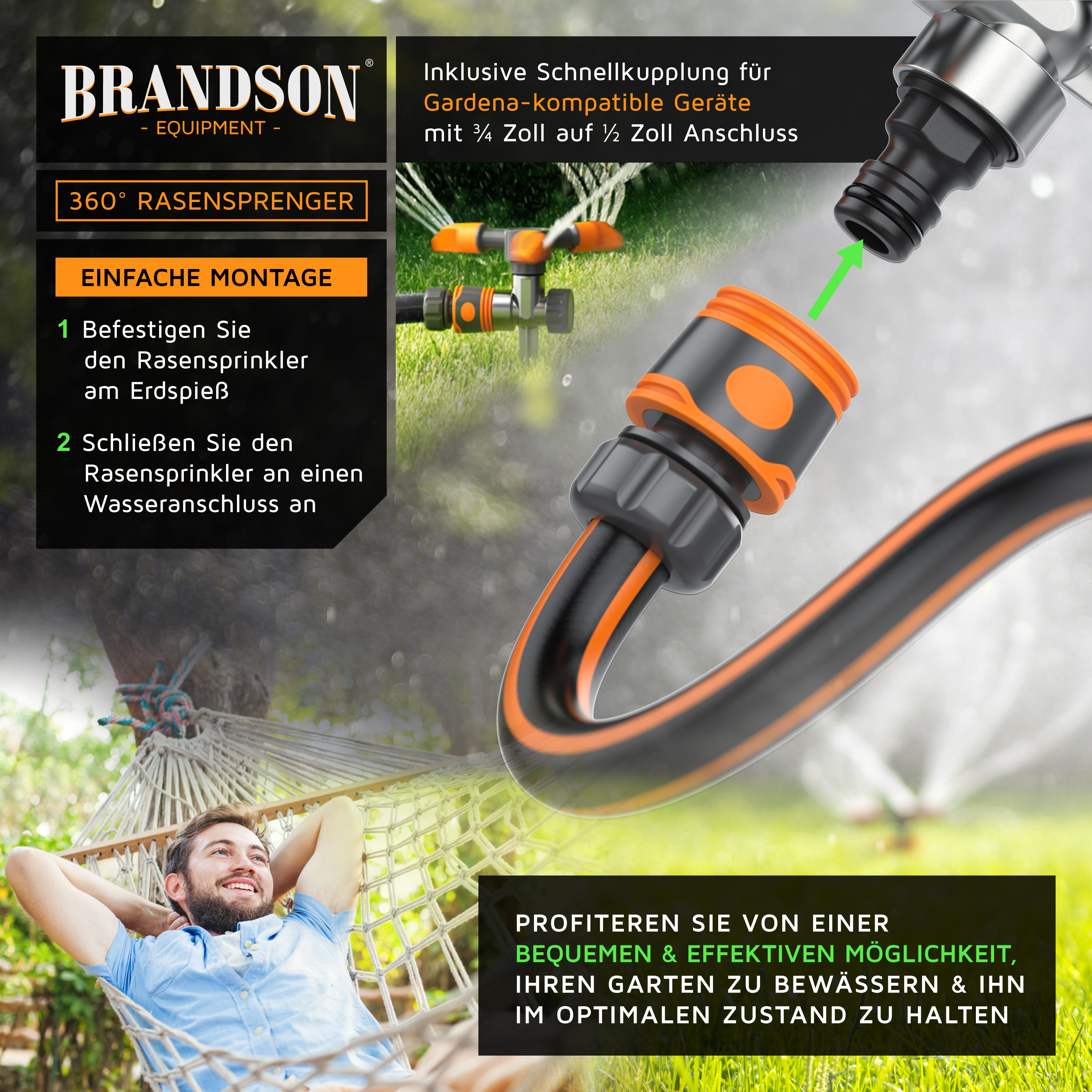 Brandson 360°-Rasensprinkler mit Schnellkupplung für Gardena-kompatible Geräte, mit schwarz-orangefarbenem Design für einfache Installation.