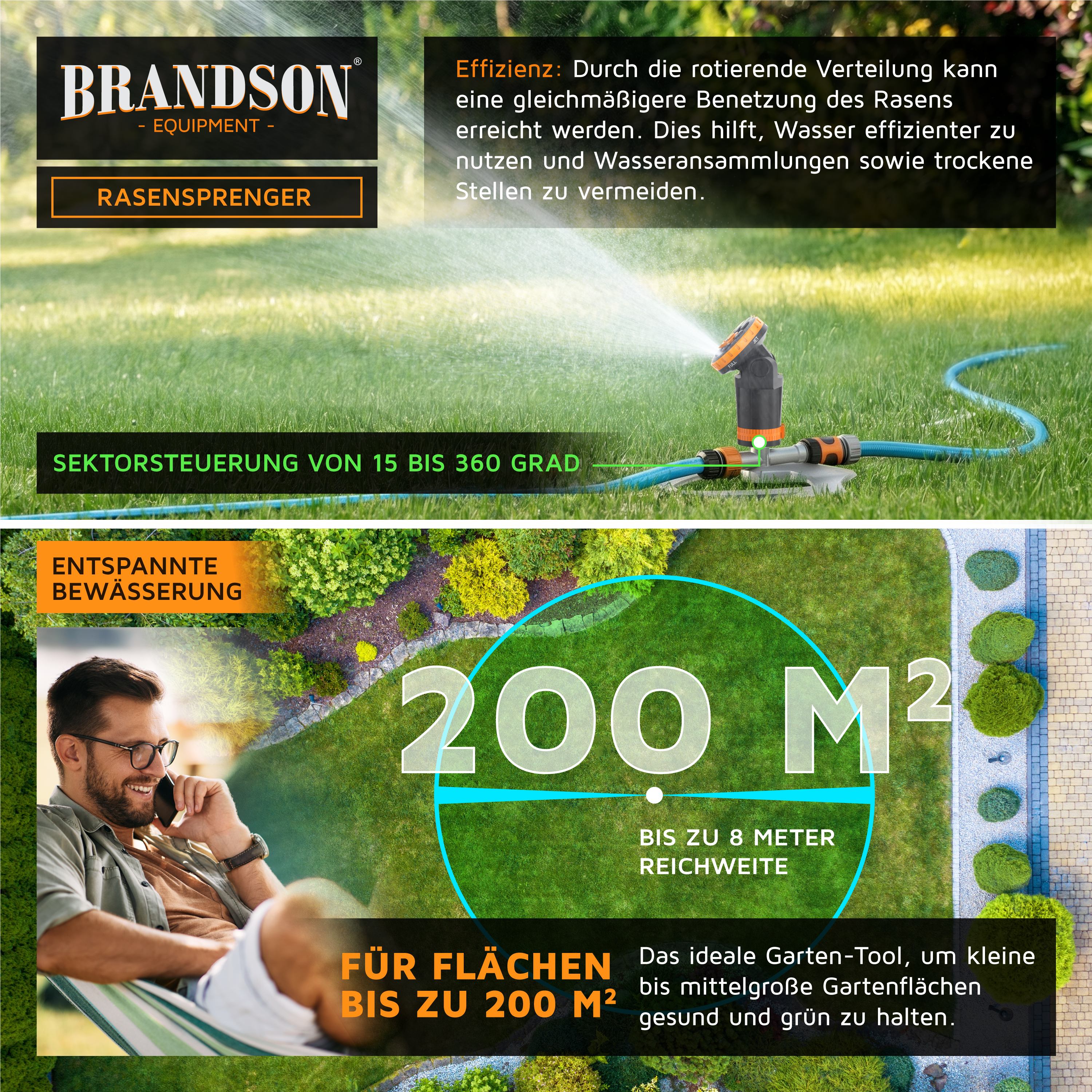 Brandson Rasensprenger mit rotierender Verteilung, schwarz-orange, für gleichmäßige Bewässerung bis 200 m², geeignet für Flächen bis 8 Meter Reichweite.