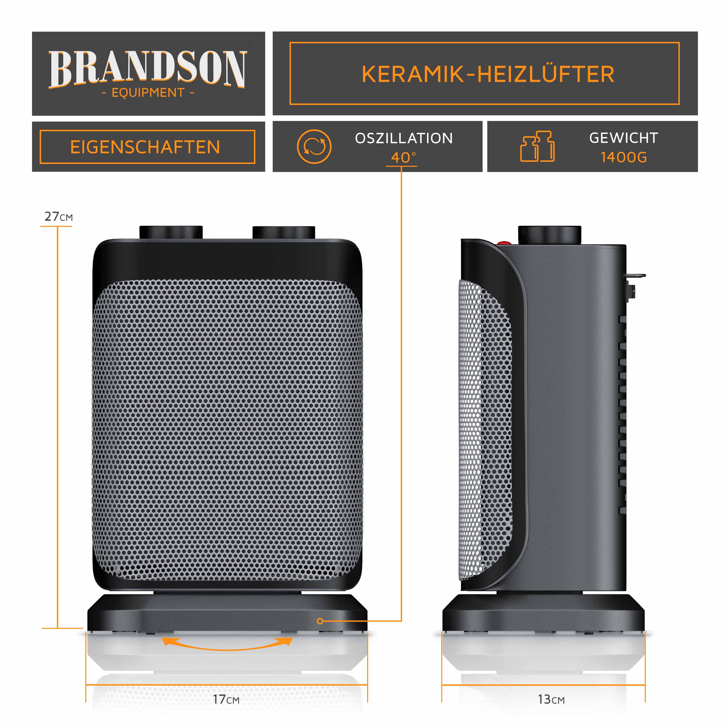 Brandson Keramik-Heizlüfter in Schwarz mit Netzgitter, kompaktem Design und Bedienelementen an der Oberseite.
