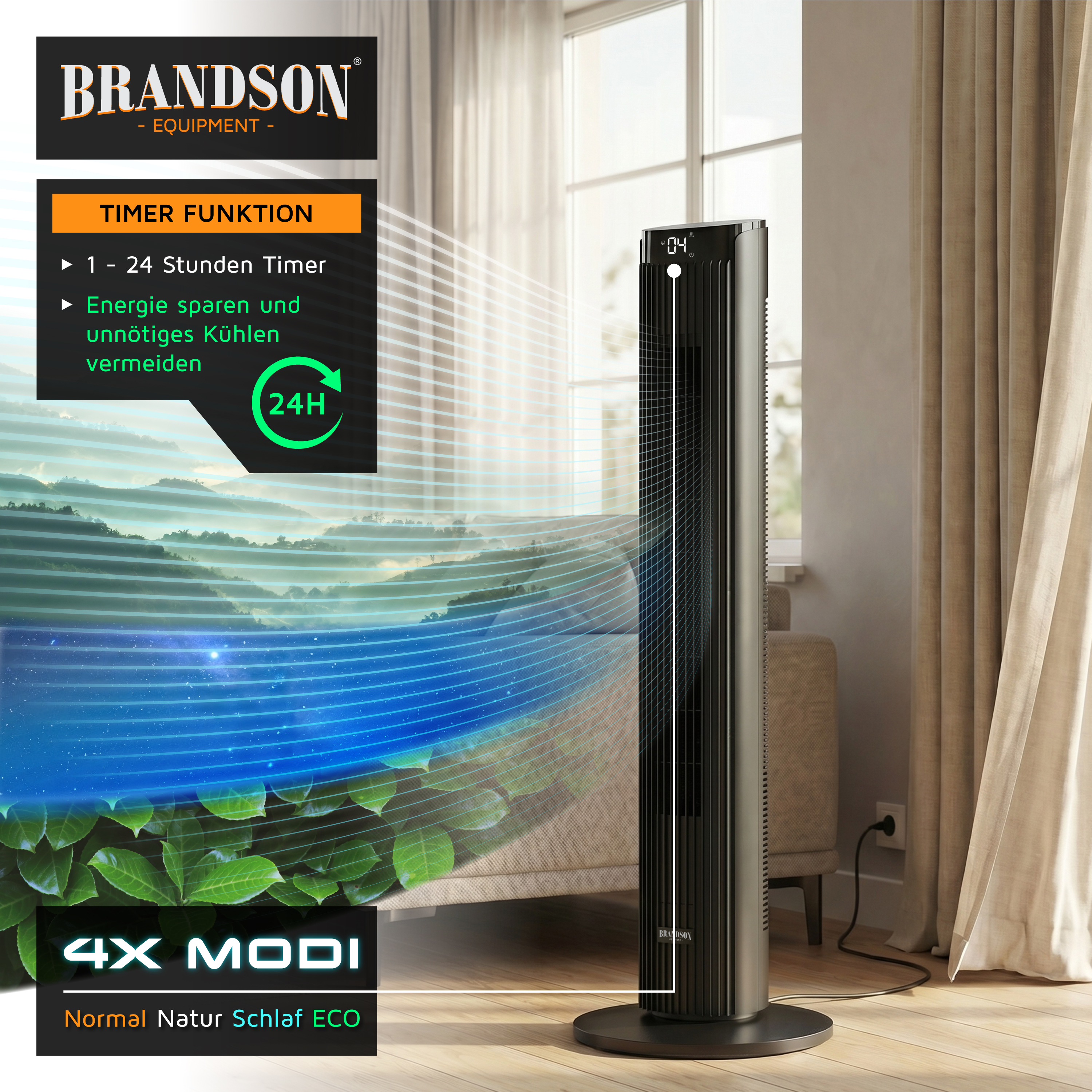 Brandson Turmventilator in Schwarz mit digitalem Display, Timer-Funktion und vier Modi, auf einem Holzfußboden neben einem Fenster.