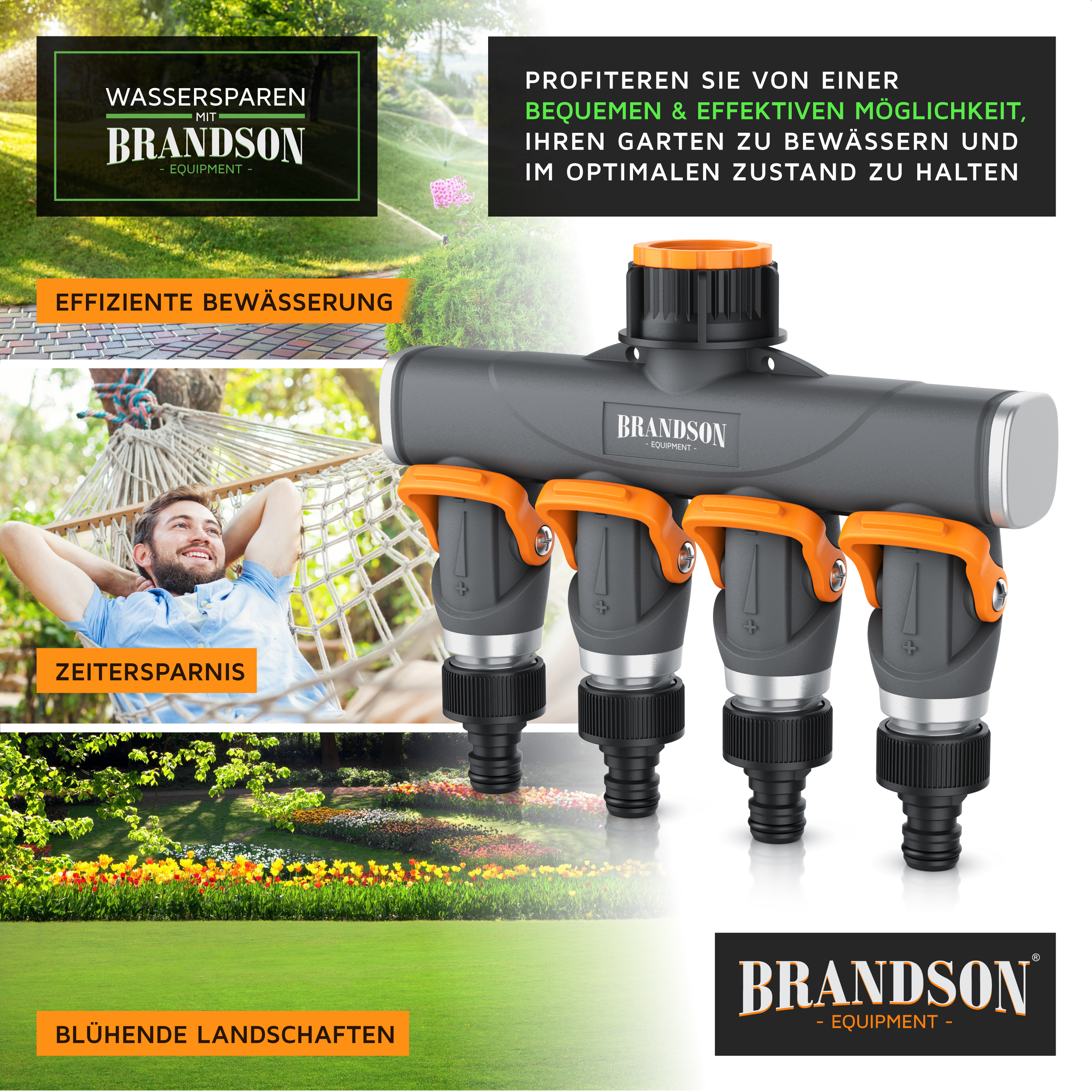 Brandson Bewässerungsgerät mit vier Anschlüssen, grauem Gehäuse und orangefarbenen Griffen für eine effiziente Gartenbewässerung.