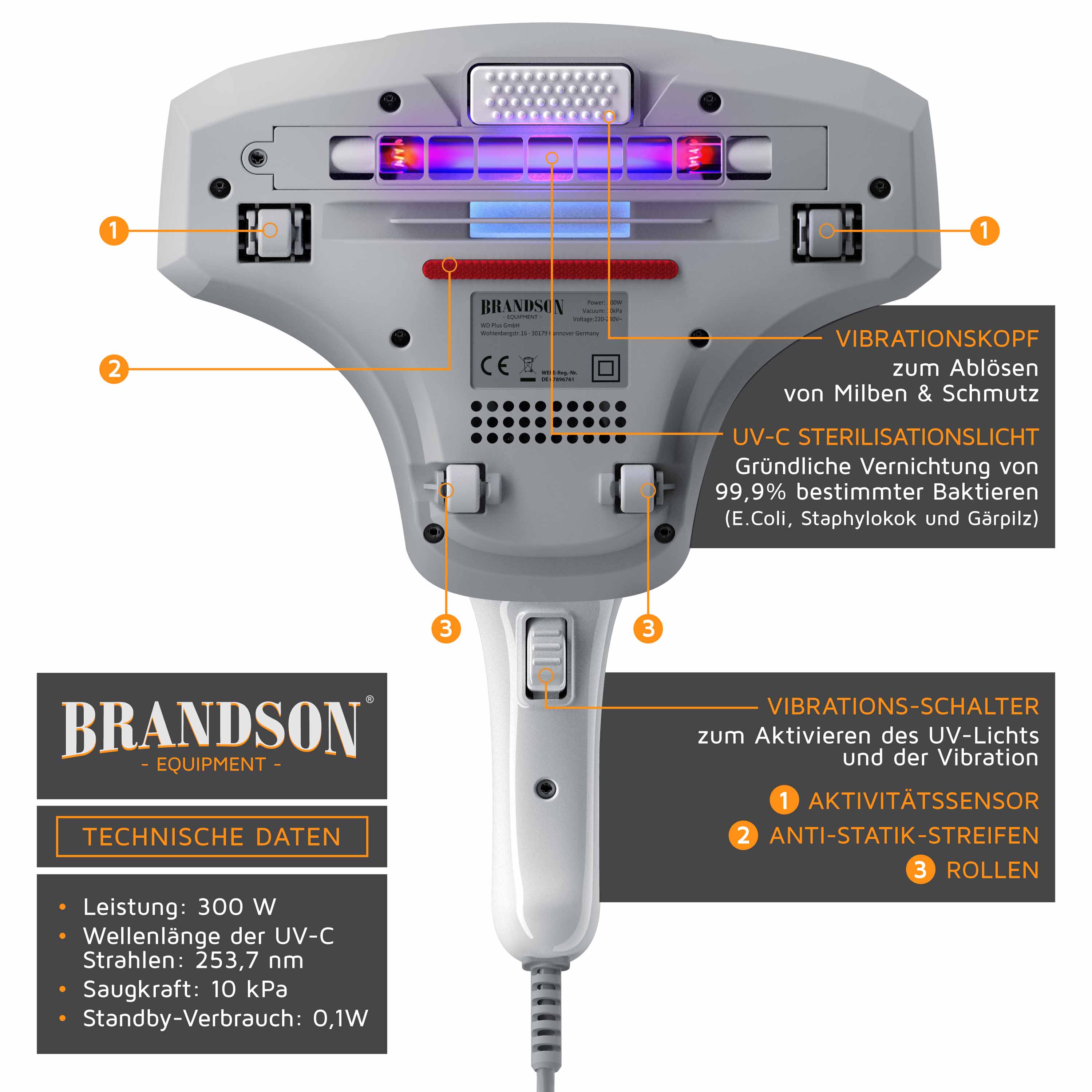 Brandson UV-C-Sterilisator mit Vibration, graues Gehäuse, Bedienfeld und UV-C-Licht zur Bakterienvernichtung.