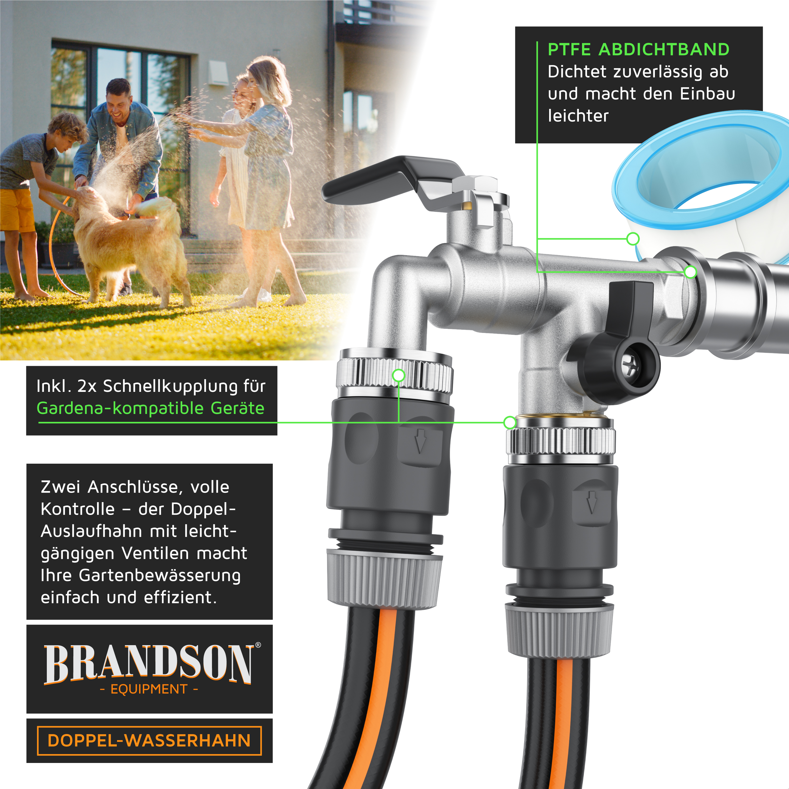 Brandson Doppel-Wasserhahn mit zwei Anschlüssen, Schnellkupplungen für Gardena-Geräte, aus robustem Material, ideal für die Gartenbewässerung.