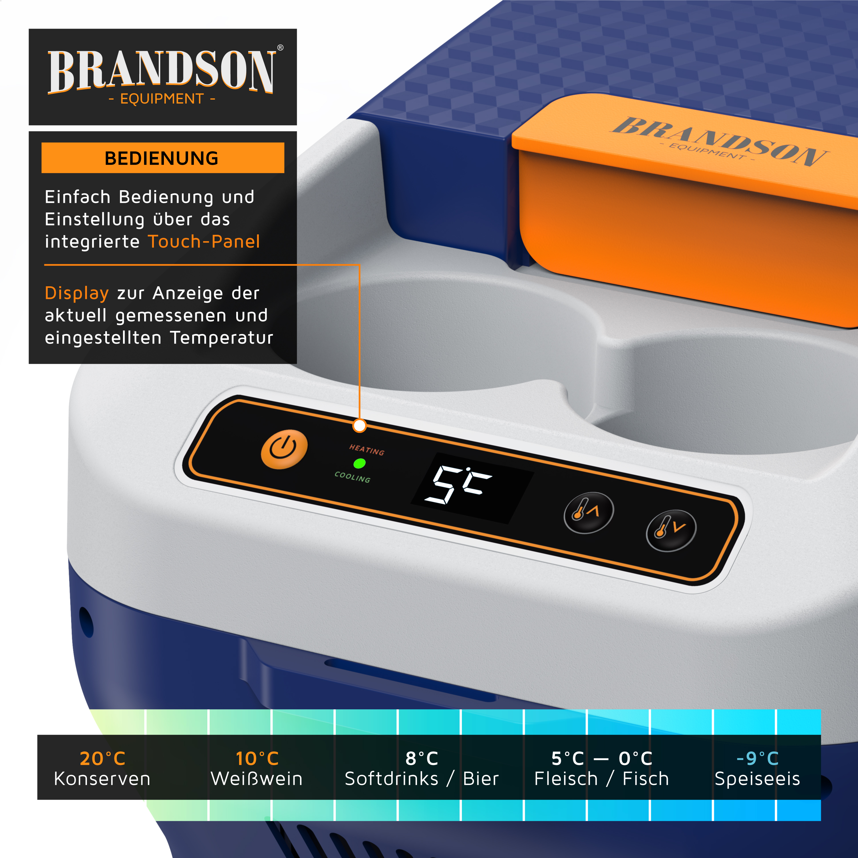Brandson elektrischer Kühlbox mit integriertem Touch-Panel und Display zur Temperaturanzeige in Blau und Orange.