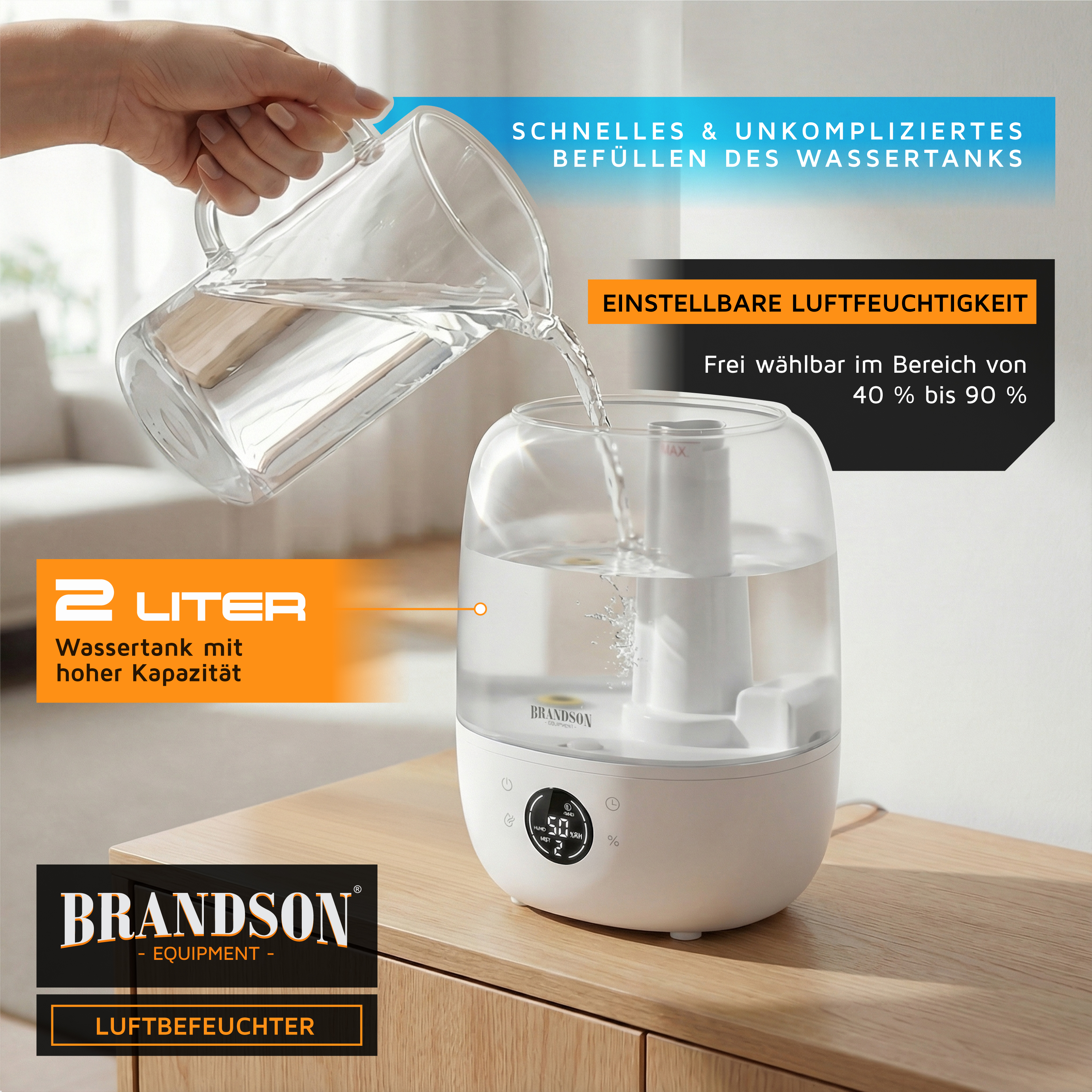 Brandson Luftbefeuchter mit 2-Liter-Wassertank, transparentem Gehäuse und digitalem Display, einfaches Befüllen mit Wasser.