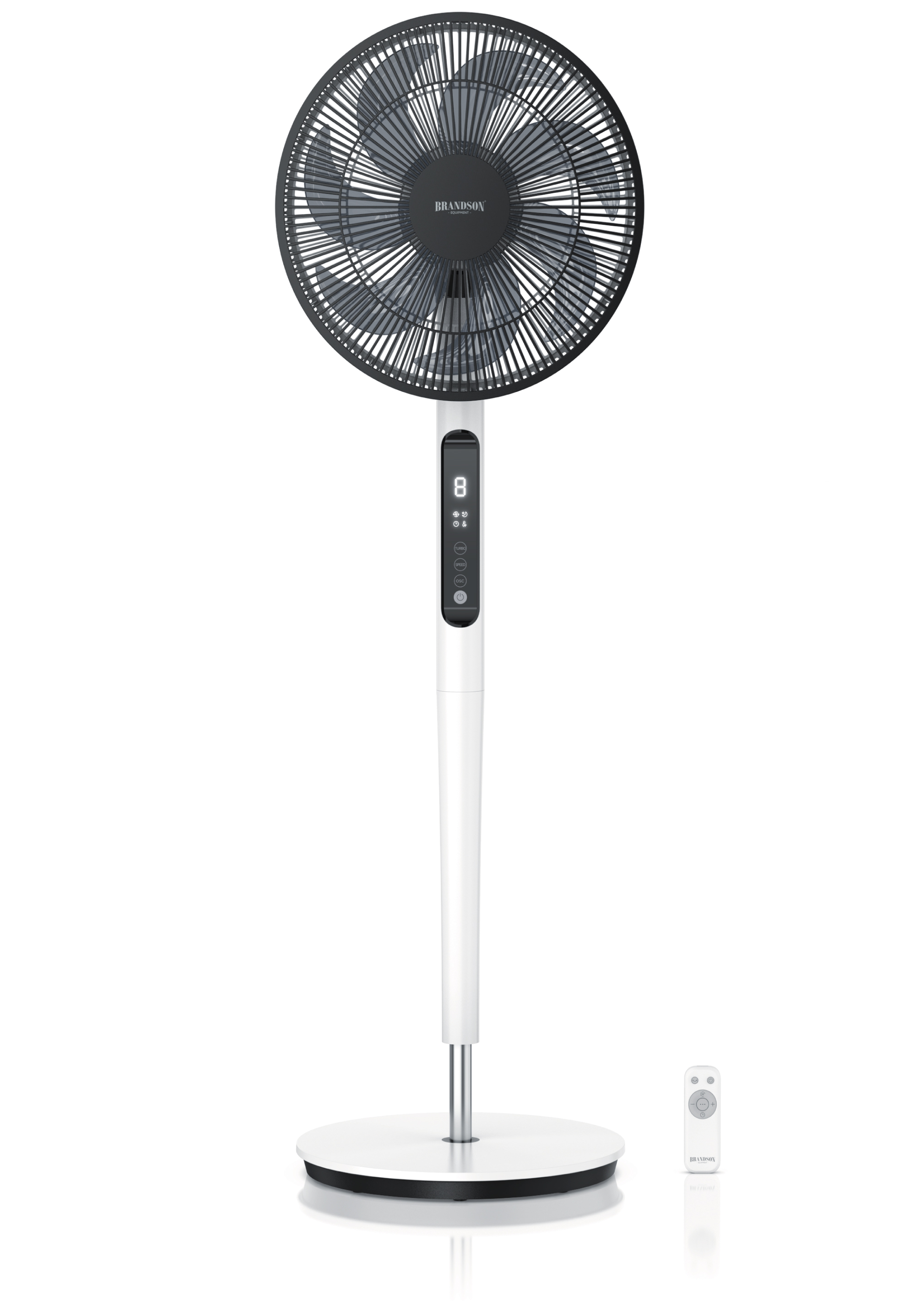 Standventilator von Brandson mit elegantem weißem Design, Digitalanzeige und Fernbedienung, ideal zum Kühlen von Innenräumen.