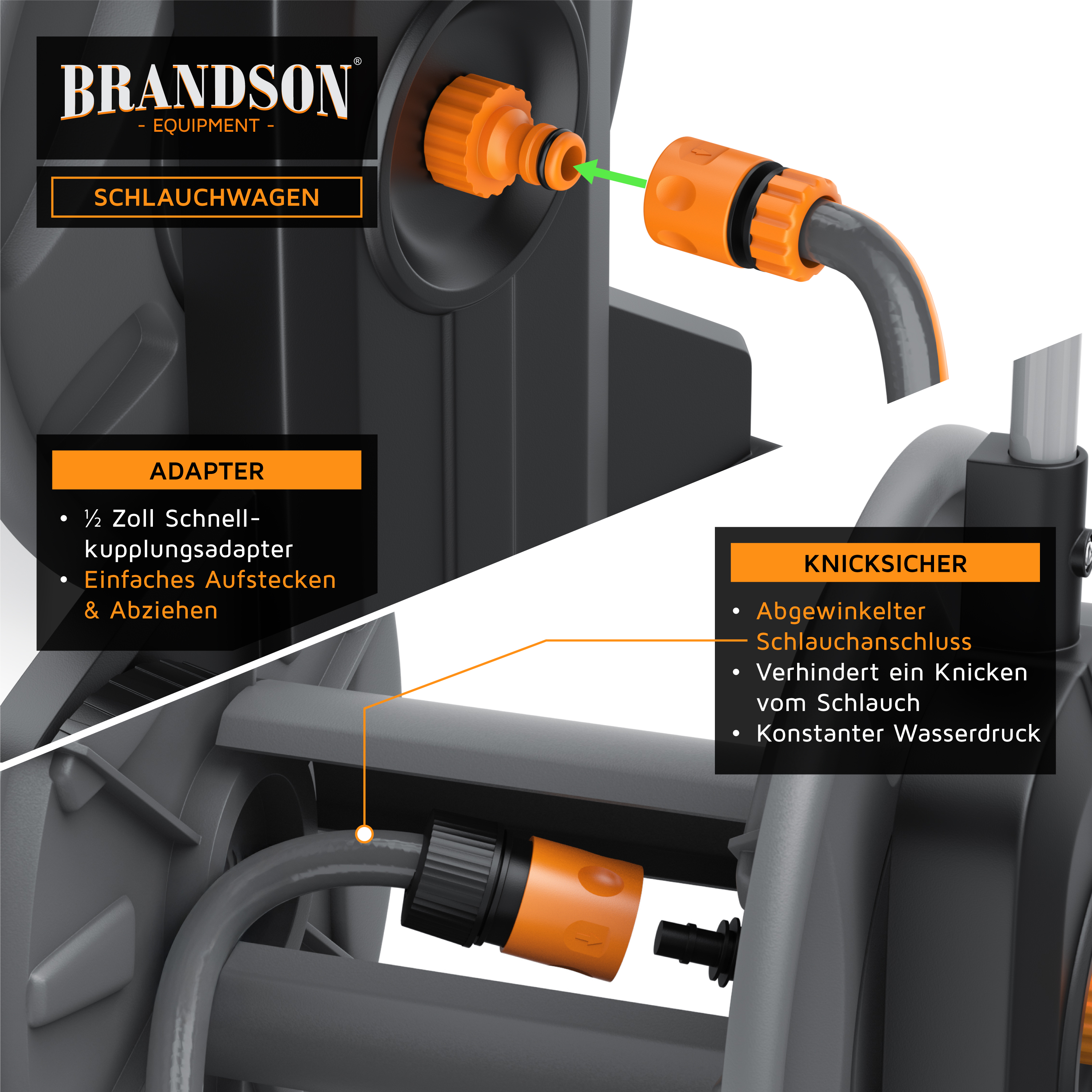Brandson-Schlauchwagen mit Schnellkupplungsadapter und abgewinkeltem Schlauchanschluss, um ein Abknicken zu verhindern und einen konstanten Wasserdruck zu gewährleisten.