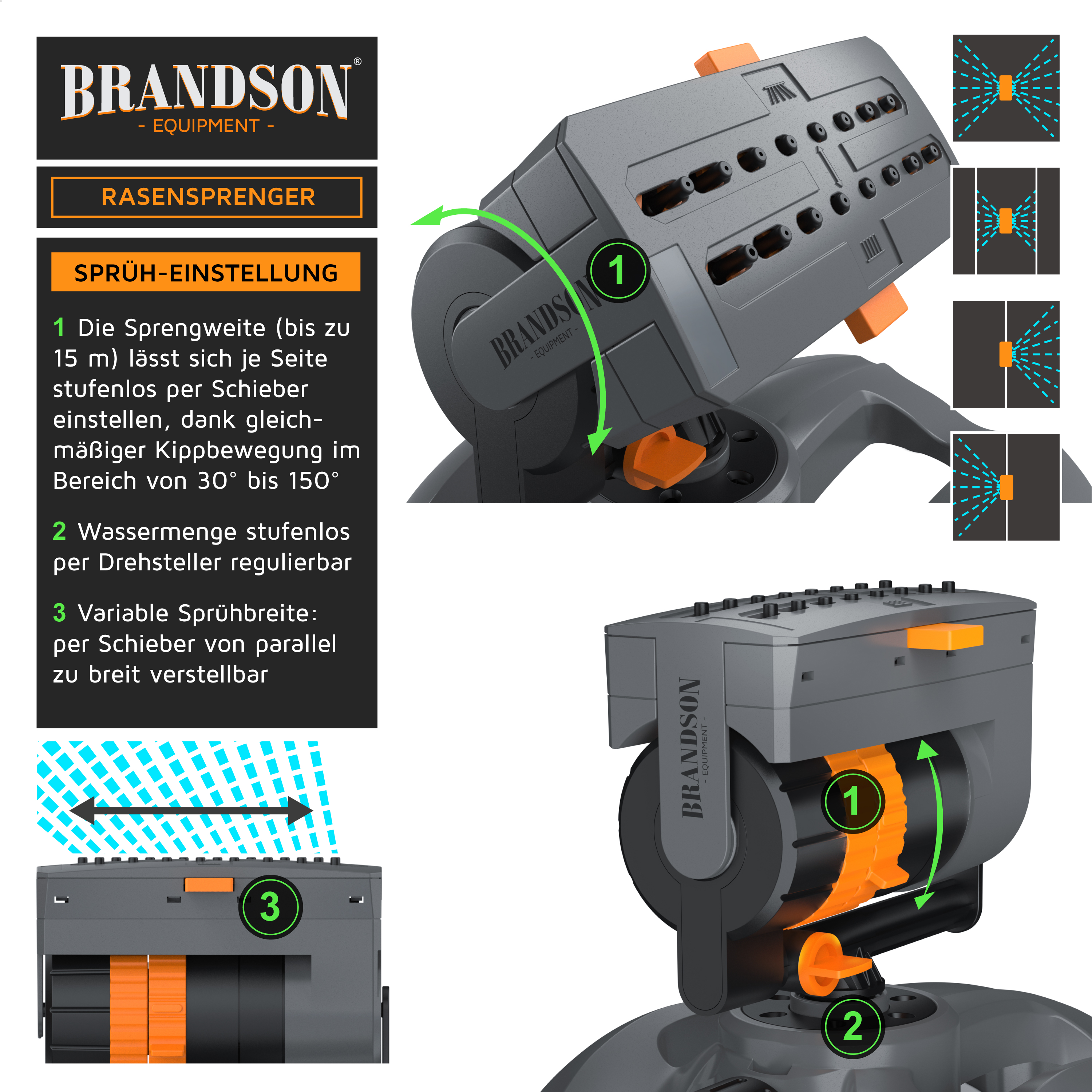 Brandson Rasensprenger mit verstellbarem Sprühwinkel und variabler Sprühbreite, in grauer Farbe mit orangefarbenen Bedienelementen.