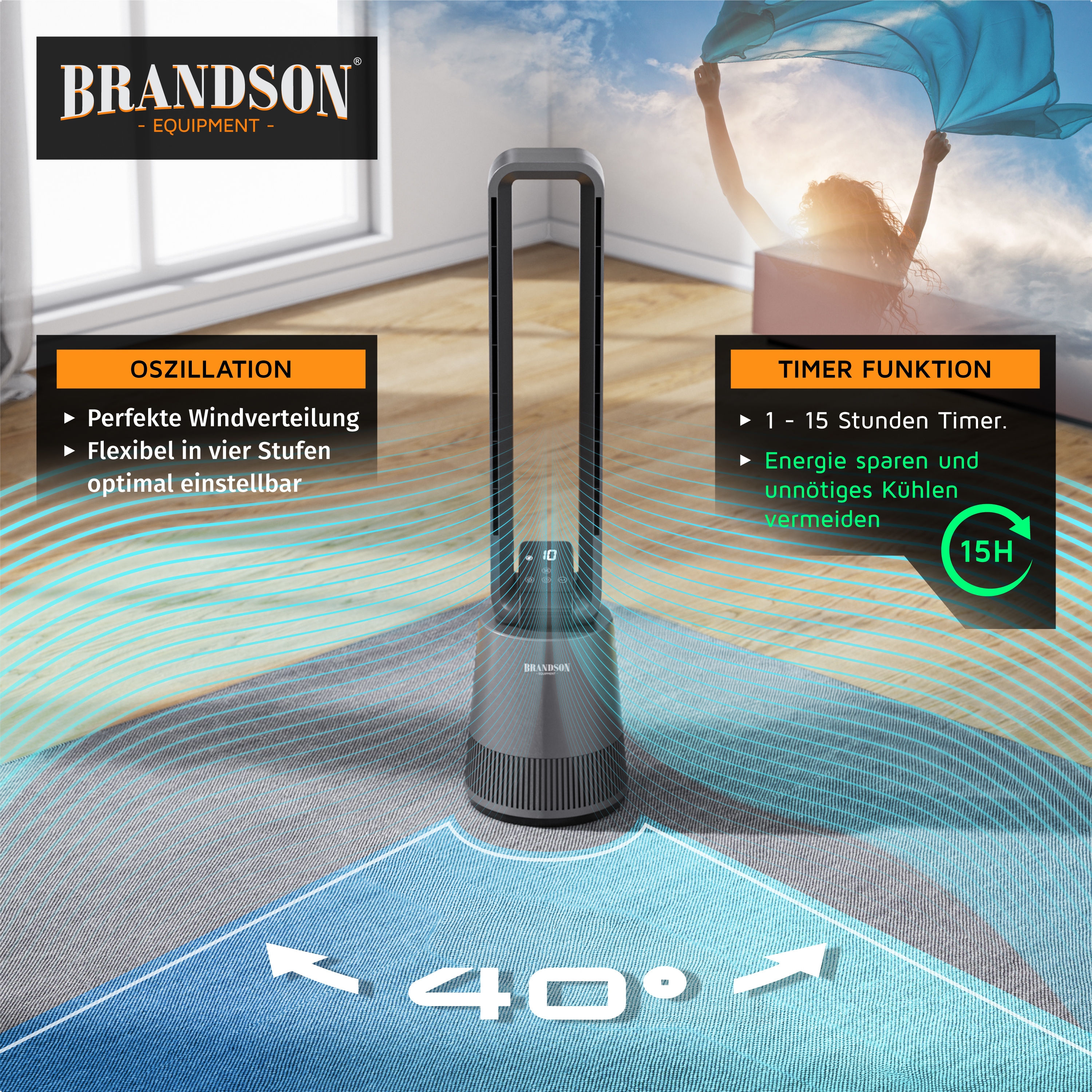 Brandson-Turmventilator mit elegantem schwarzem Design, Oszillationsfunktion und digitaler Anzeige für Timer-Einstellungen, platziert in einem hellen Raum.