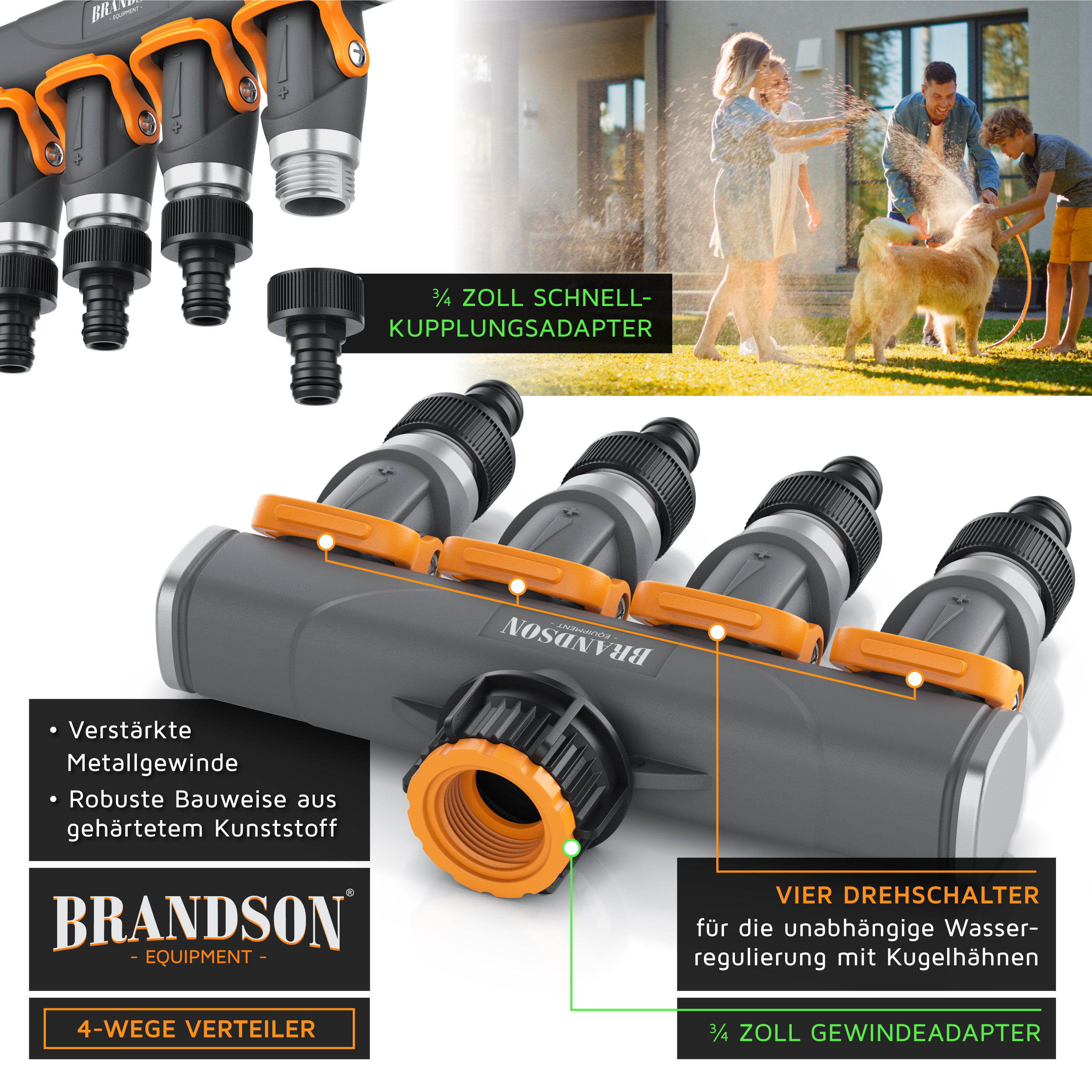 Brandson 4-Wege-Verteiler mit verstärkten Metallgewinden, robuster Kunststoffkonstruktion und vier Drehschaltern für unabhängige Wasserregulierung.
