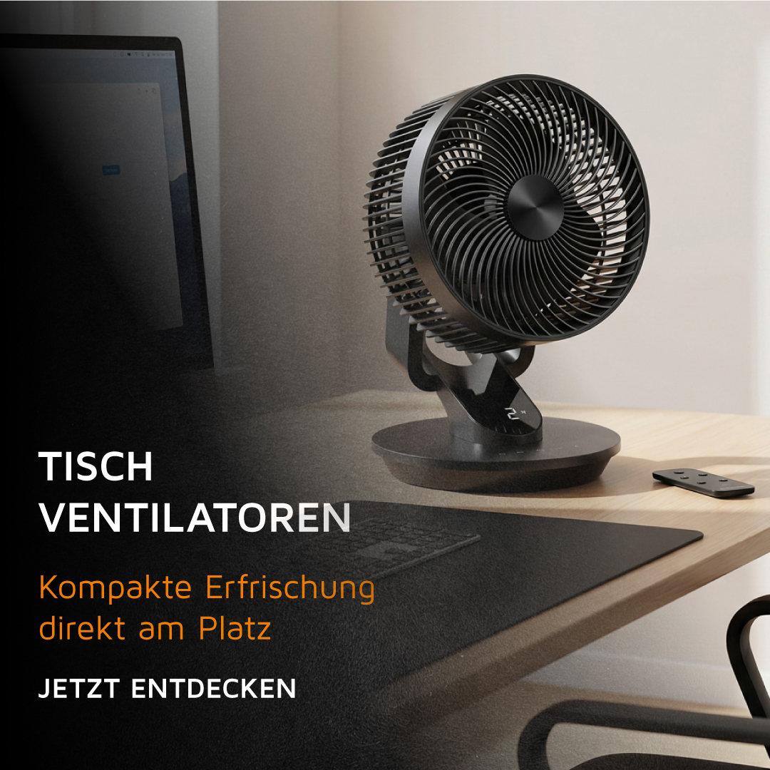 Brandson Tischventilator in Schwarz mit modernem Design, drehbarem Kopf und Fernbedienung auf einem Schreibtisch.